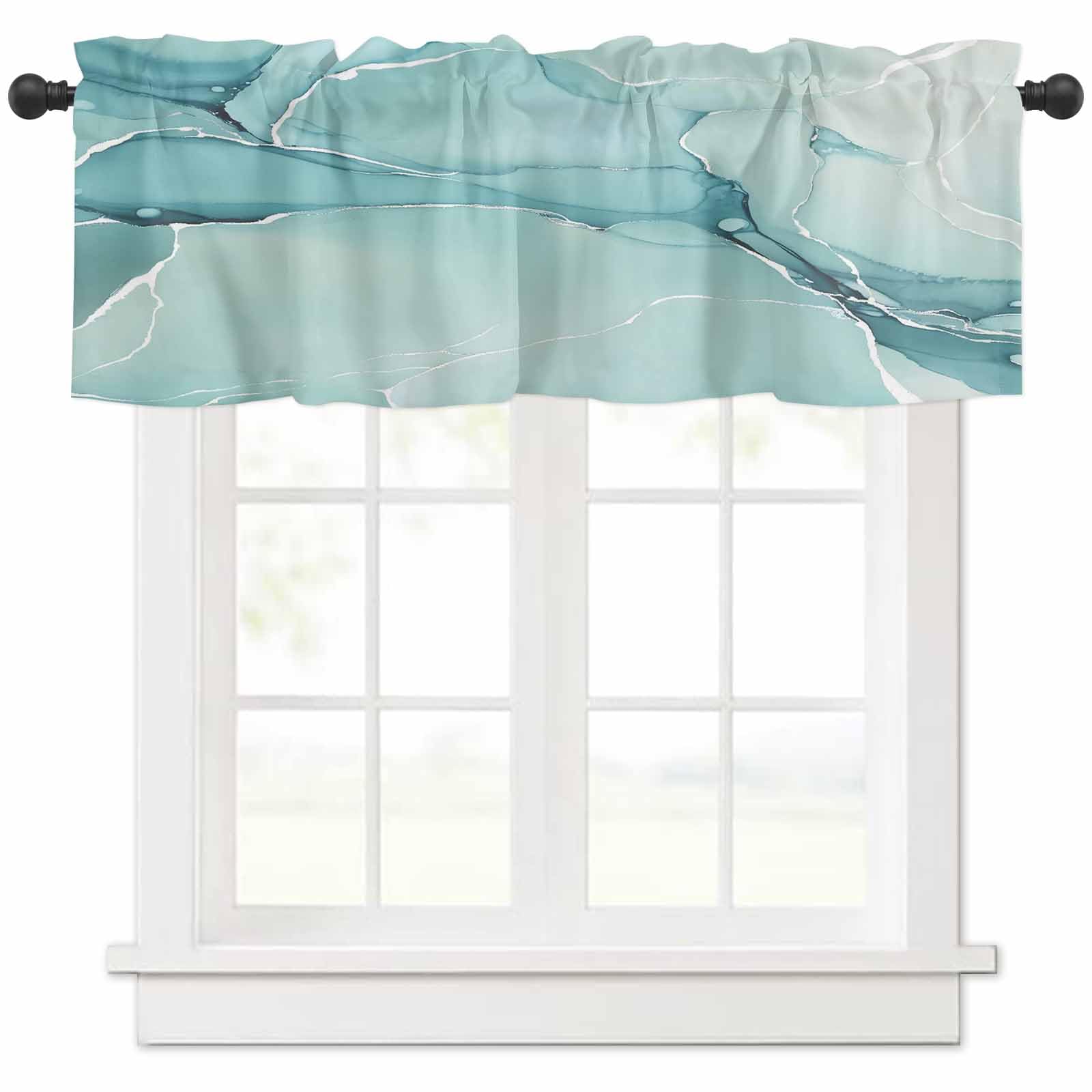 Marble Window Valance - Teal Blue Farmhouse Design for Living Room & Bedroom Decor