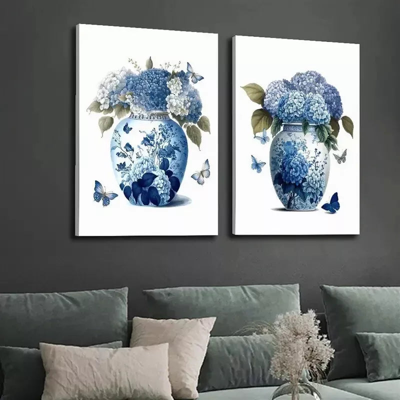 2pcs Blue Hydrangea Flowers & Navy Ginger Jar Canvas Wall Art - 50x75cm High Quality Framed Print | Australian Made | Ready to Hang | Perfect for Living Room, Bedroom & Office Decor