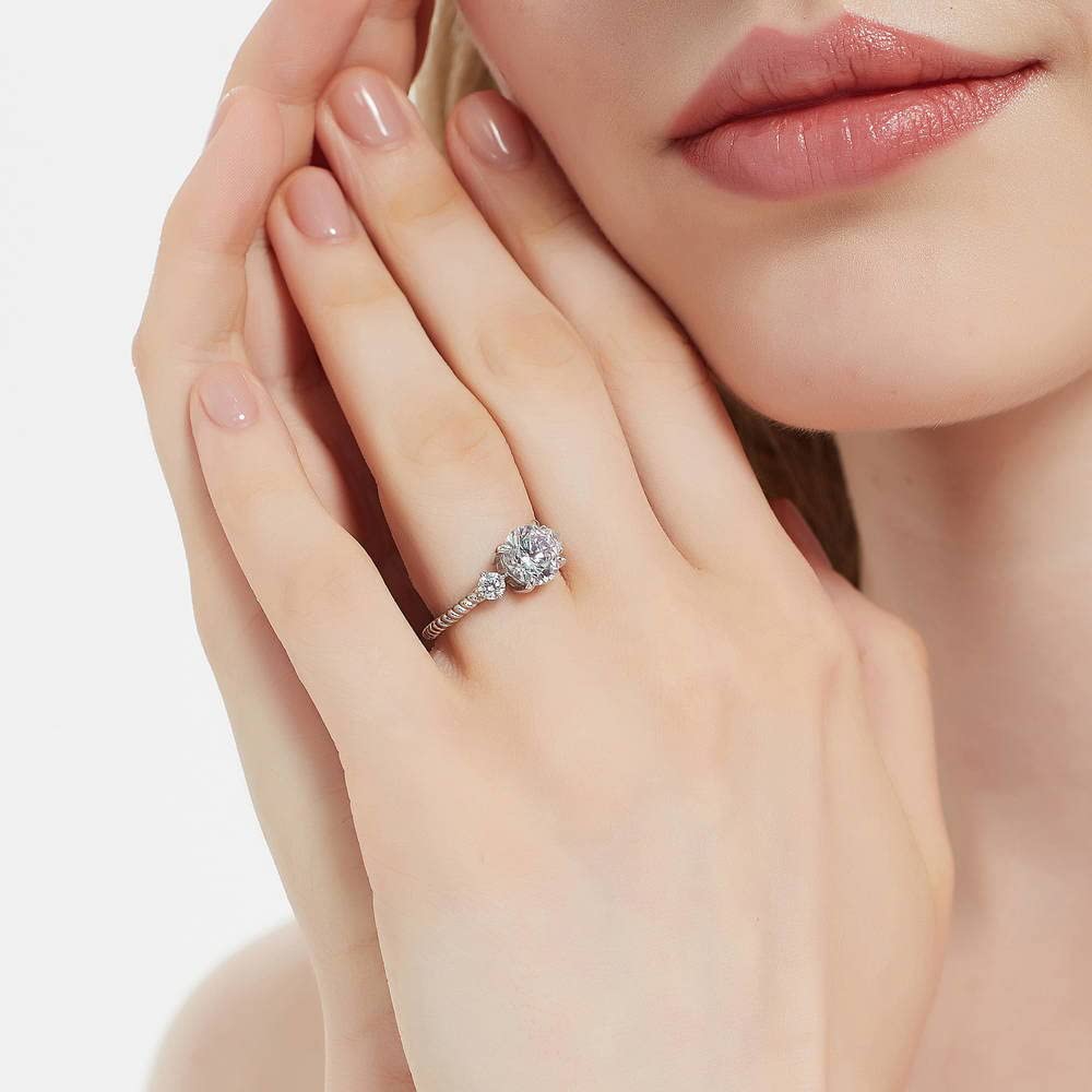 BERRICLE Sterling Silver 3-Stone Wedding & Engagement Ring - 2 Carat Round Cut Cubic Zirconia CZ Woven Band for Women - Rhodium Plated Size 4-10 - Perfect for Proposals, Anniversaries & Special Occasions