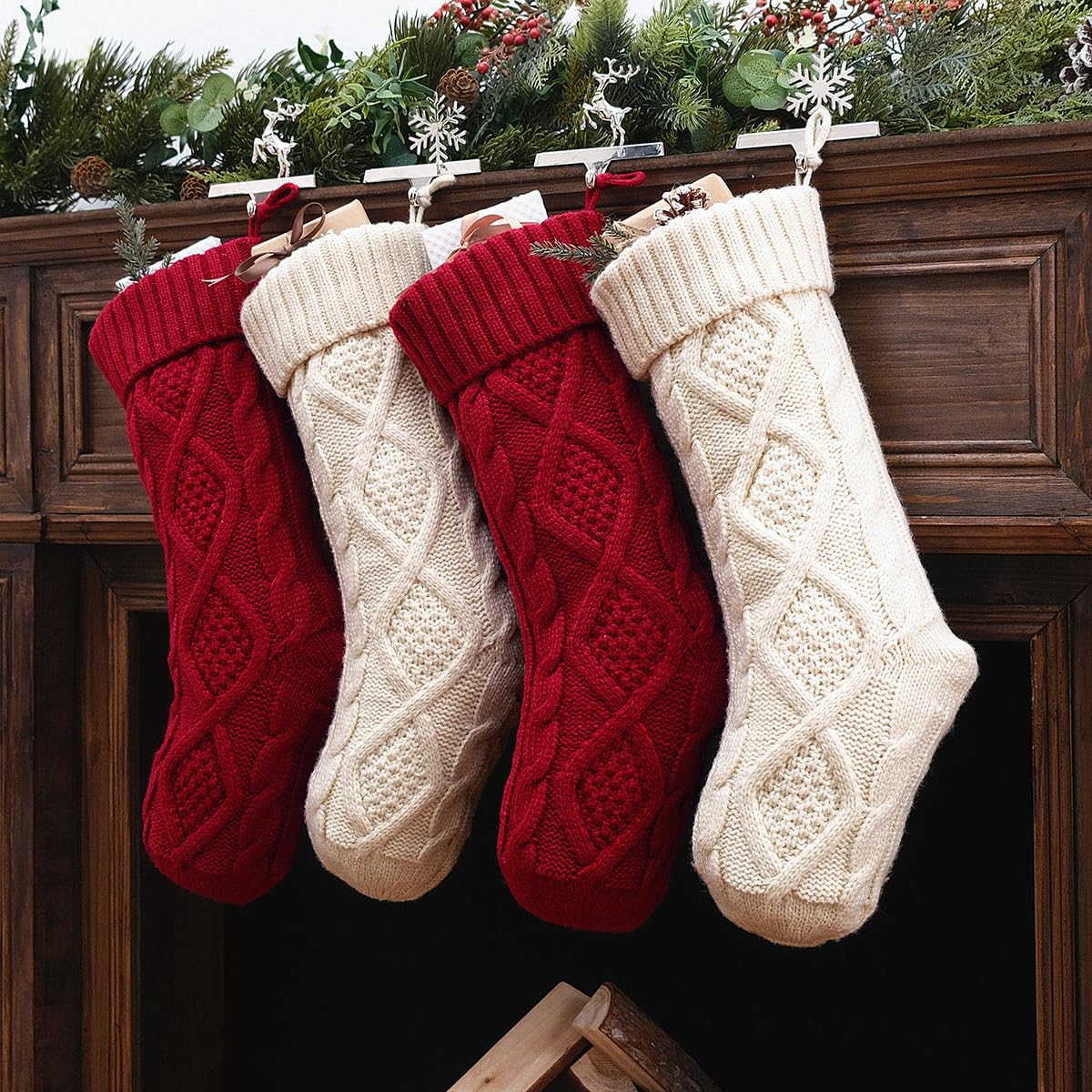 Christmas Stockings 4 Pack - 18 Inch Large Cable Knit Knitted Stockings for Holiday Decor | Rustic Farmhouse Xmas Decorations for Family | Burgundy Red & Cream White Stockings - Perfect for Fireplace Mantel, Staircase, and Country Home Holiday Decor