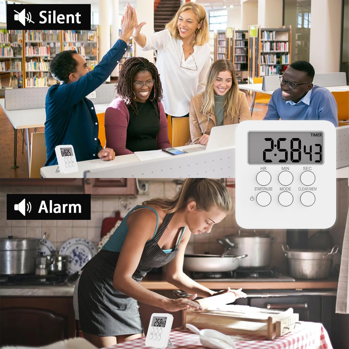 Magnetic Digital Kitchen Timer with Loud/Mute Alarm - 3-in-1 Count Up/Down Timer, Large LCD Display & Memory Function - Perfect for Cooking, Baking, Studying and Office Use (White)