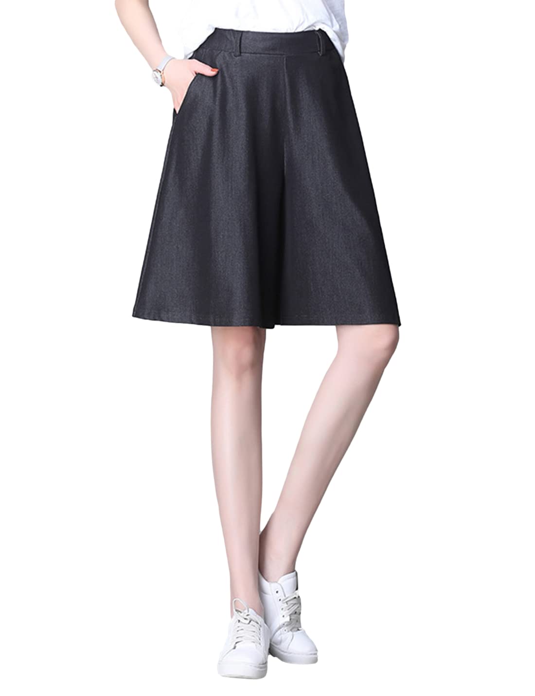 Omoone Women's Wide Leg Elastic Waist Thin Short Tencel Denim Pants Culotte Skirt - Comfortable Summer Casual Outfit for Beach, Travel and Daily Wear