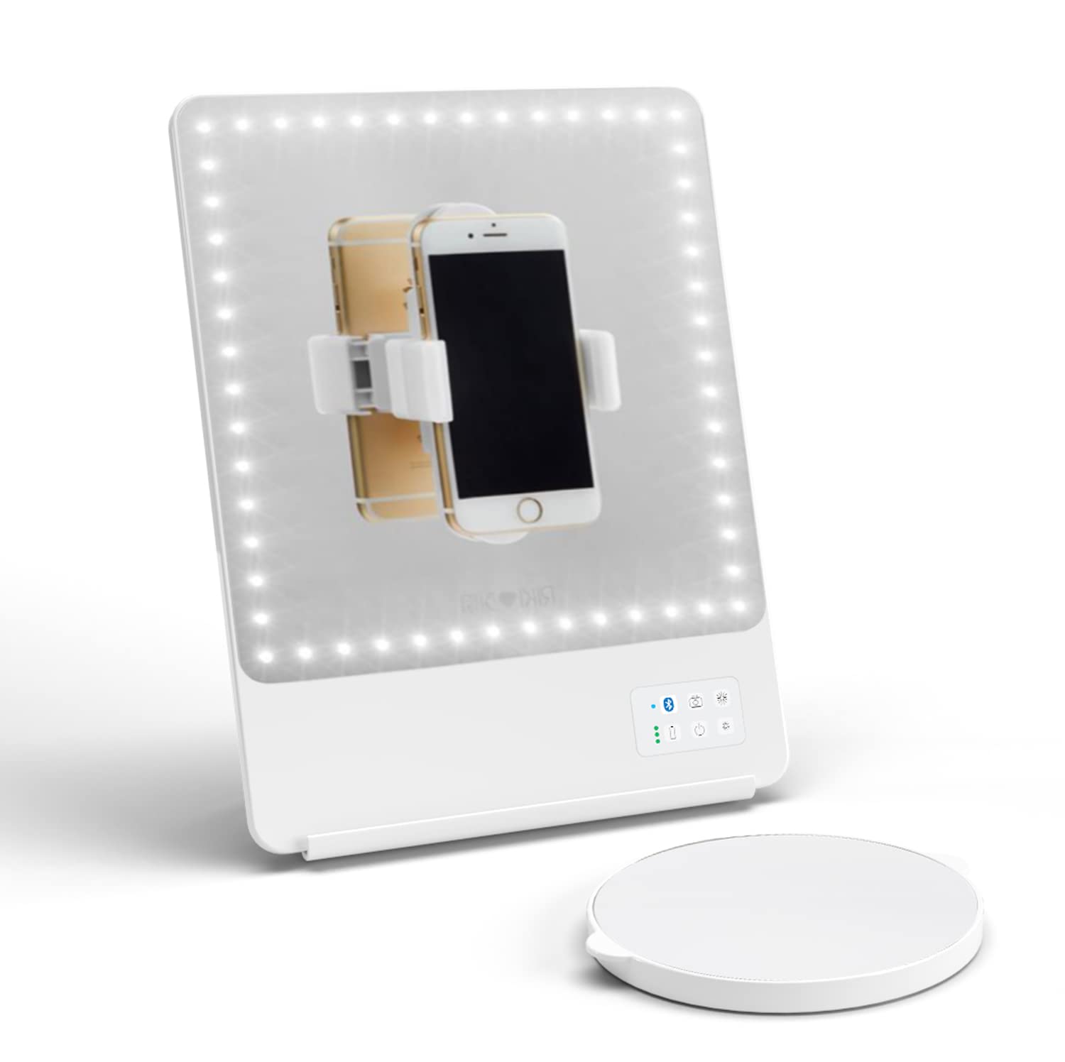 Glamcor Riki Skinny Smart Vanity Mirror with HD LEDs - 5X Magnifying Mirror, Phone Holder & Bluetooth Control - White Makeup Mirror for Professional & Home Use - Perfect for Makeup Application, Skincare & Selfie Lighting