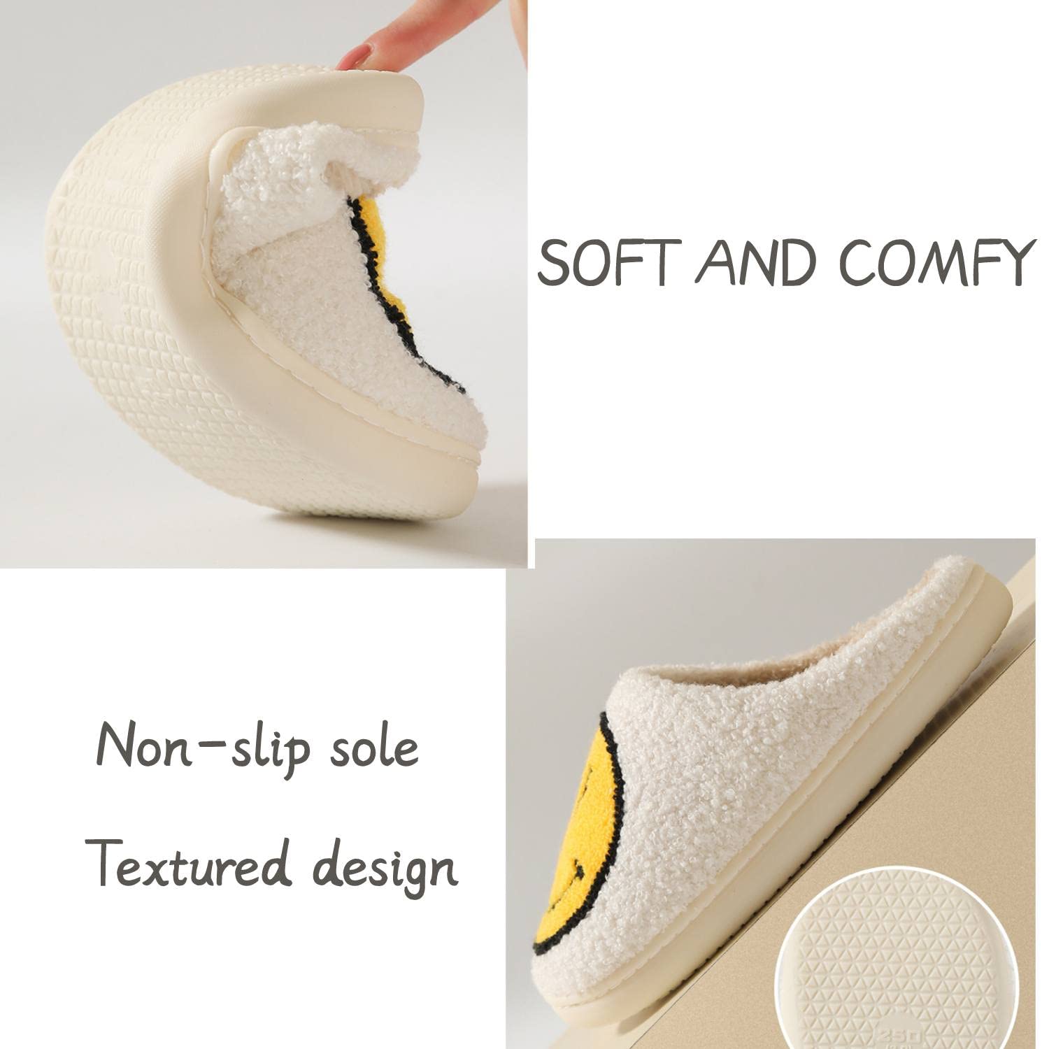 Smiley Face Slippers for Women - Soft Fluffy Indoor/Outdoor Slides with Cushion Comfort - Retro Happy Face House Slippers for Cozy Home, Lounge & Outdoor Wear