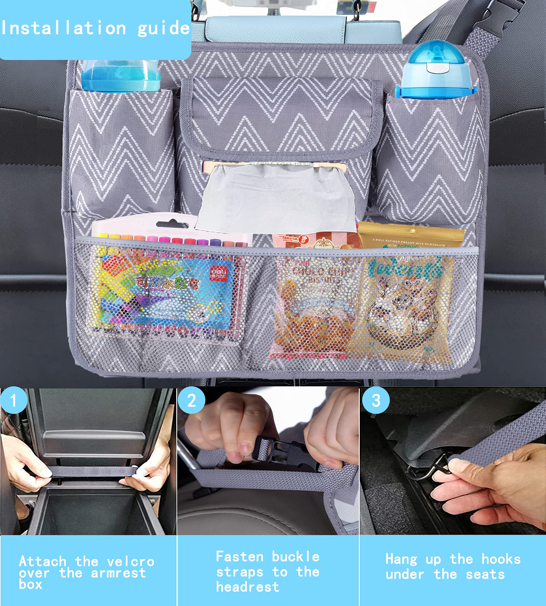 Car Seat Organizer with Net Pocket - Handbag & Purse Holder Between Front Seats | Collapsible Storage for Car Organization | Pet & Kids Barrier | Perfect for Road Trips & Daily Commutes (Gray Chevron)