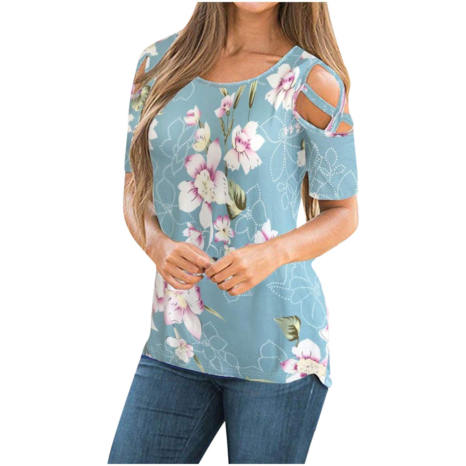 Women's Cold Shoulder Tops - Summer Short Sleeve Tunic Blouse with Strappy Design, Plus Size Printed Tee for Casual Wear & Beach Outfits