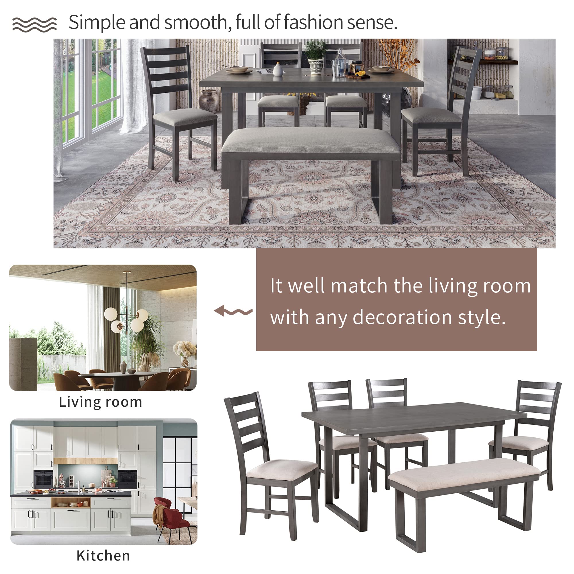 **6-Person Kitchen Dining Set with Table, 4 Chairs & Bench - High-Density Cushion Seating - Perfect for Family Meals, Entertaining & Small Spaces**