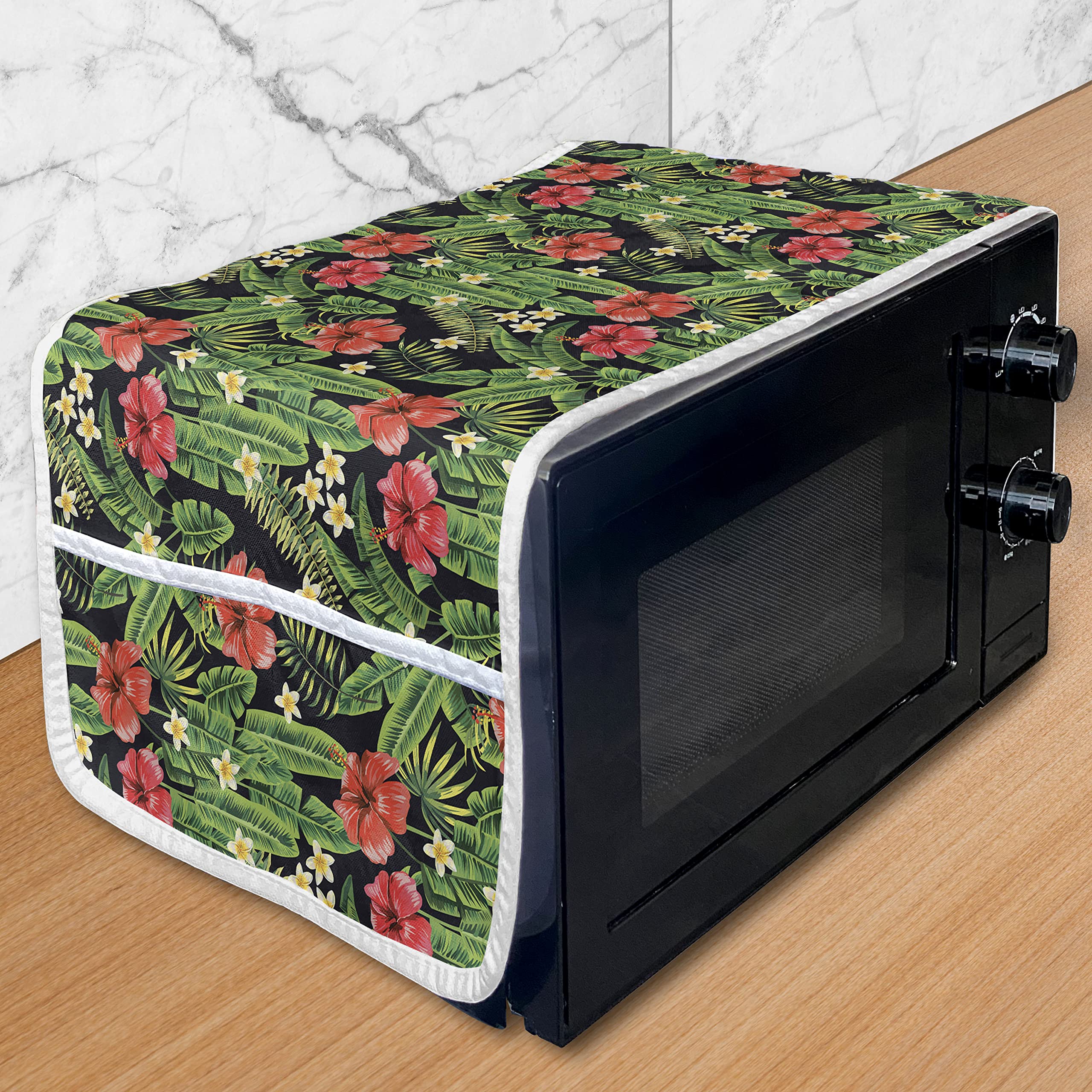 Ambesonne Tropical Microwave Oven Cover - Pastel Hibiscus Bouquets with Banana Palm Leaves Design, Waterproof Kitchen Organizer with Pockets, 36