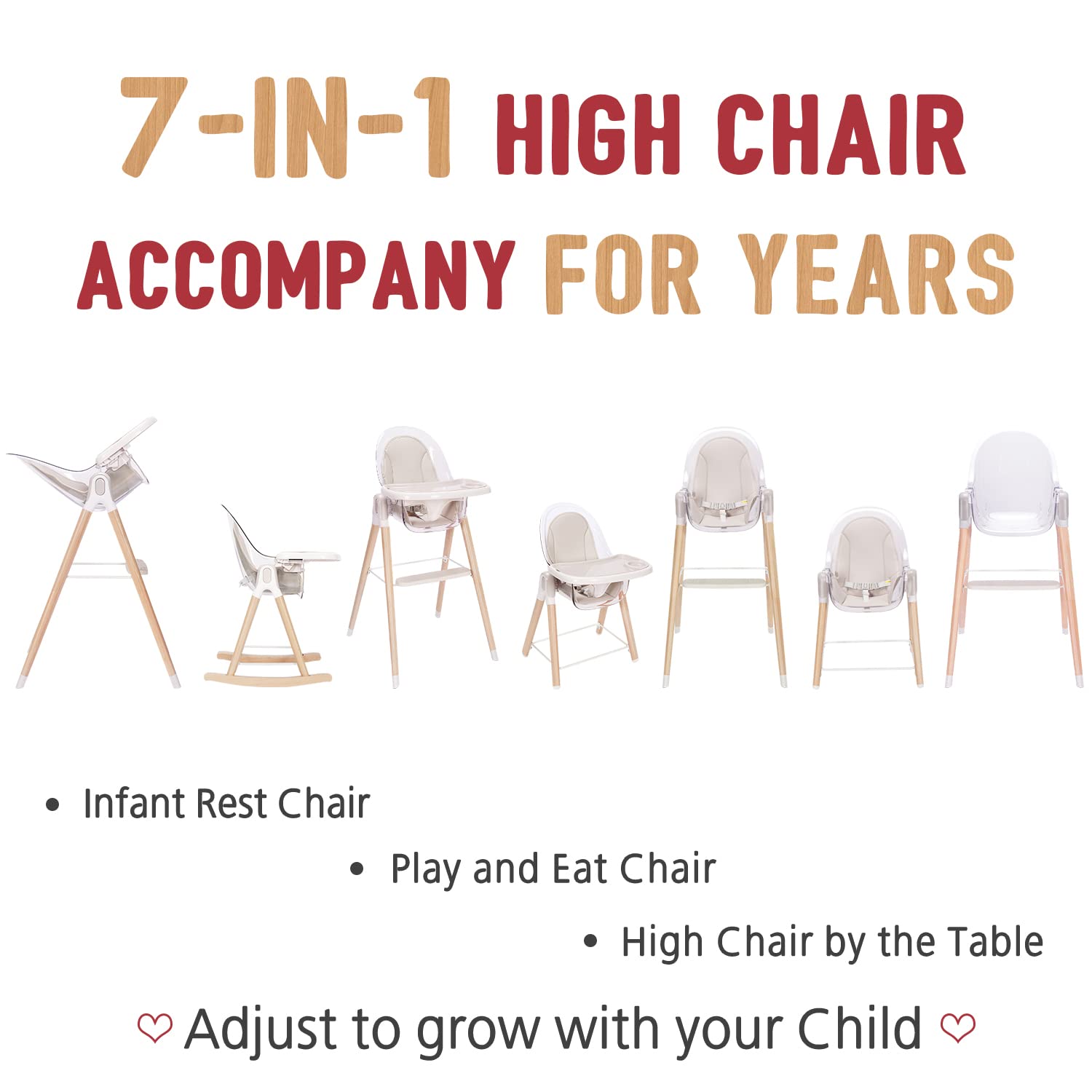 7-in-1 Convertible Wooden High Chair for Babies & Toddlers - Adjustable Rocking Chair with Reclining Seat, Removable Cushion & Double Tray | Easy to Clean Compact Design | Perfect for Feeding, Playtime & Family Bonding