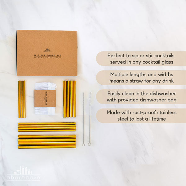 Premium Gold Metal Cocktail Straws - Reusable Drinking Straws for Parties, Bars & Home Use - Elegant Stirring & Sipping Accessories for Cocktails, Smoothies & Iced Beverages