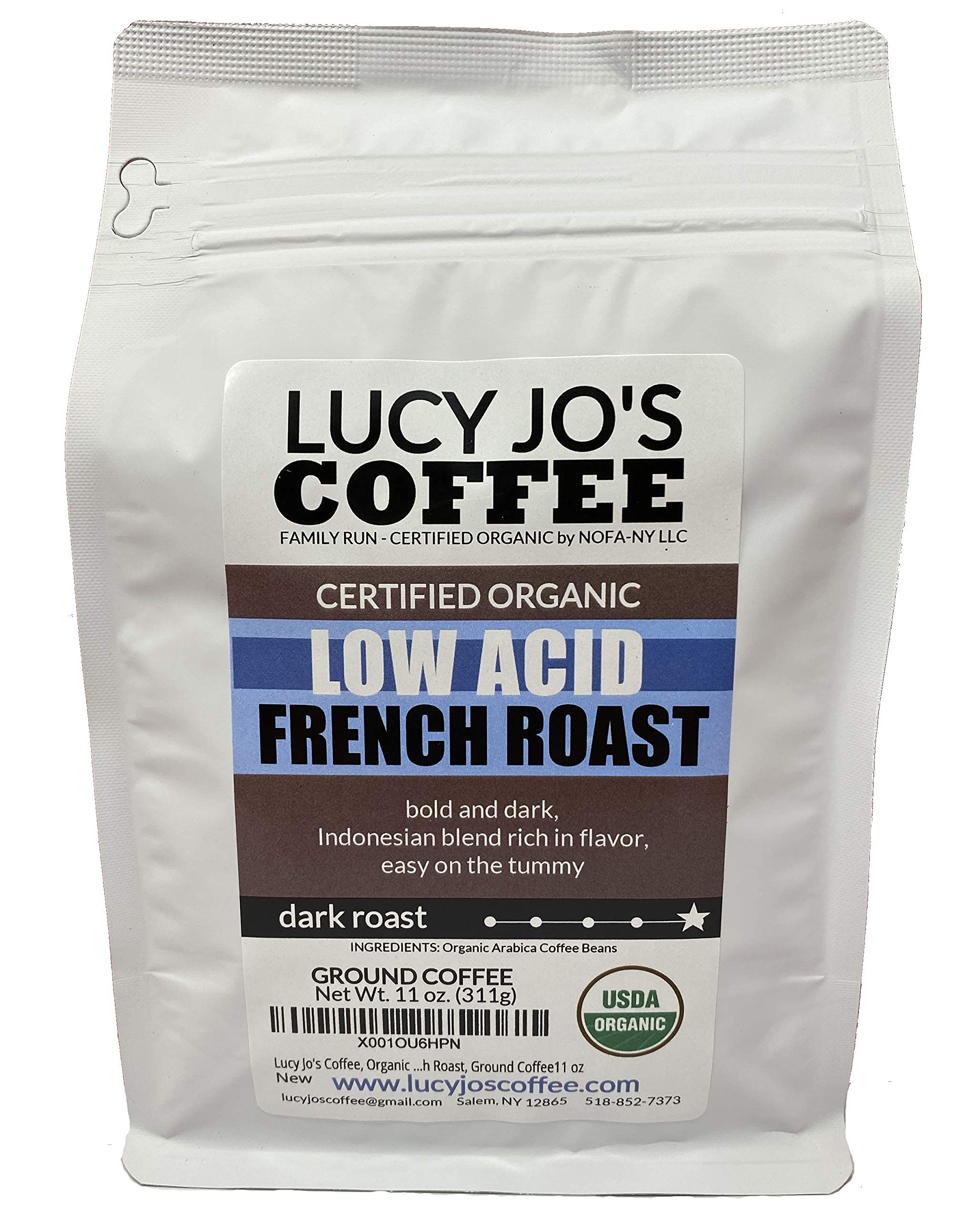 Organic Low Acid French Roast Ground Coffee by Lucy Jo's - 11 oz Bag | Smooth & Stomach-Friendly Dark Roast for Morning Brew & Afternoon Pick-Me-Up