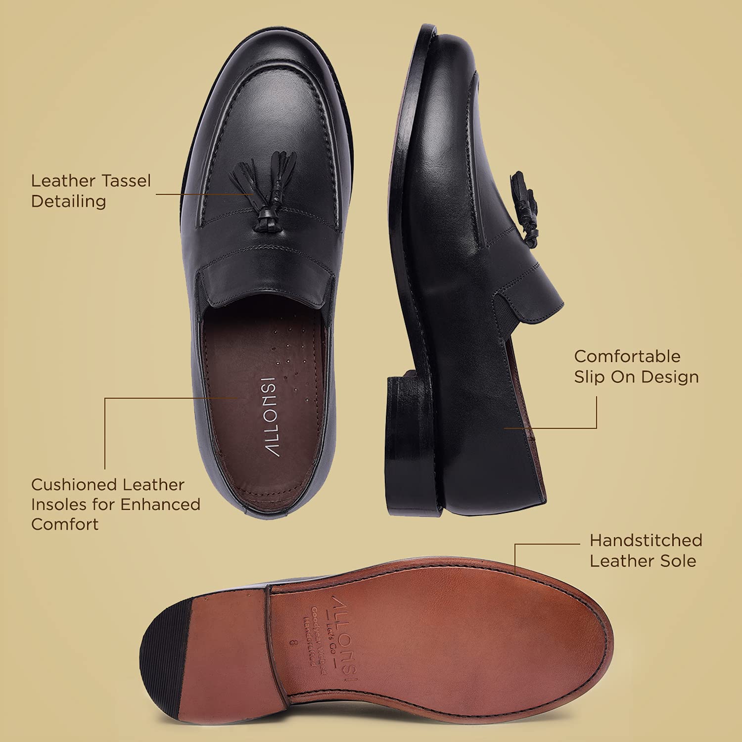 Genuine Leather Tassel Loafers for Men - Handcrafted Goodyear Welted Dress Shoes with Leather Sole | Comfortable Slip-On Luxury Loafers | Perfect for Business, Office & Formal Occasions
