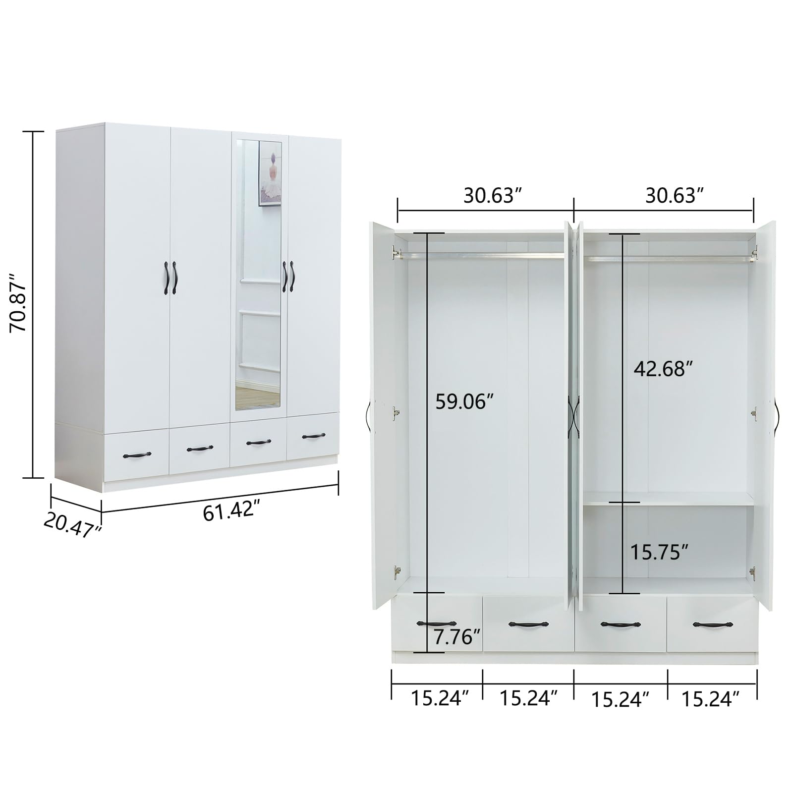 Tall 4-Door Wood Wardrobe Armoire with Mirror & 4 Drawers - Large Bedroom Closet Storage Cabinet for Hanging Clothes | Perfect for Master Bedroom, Guest Room & Dorm Organization (White)