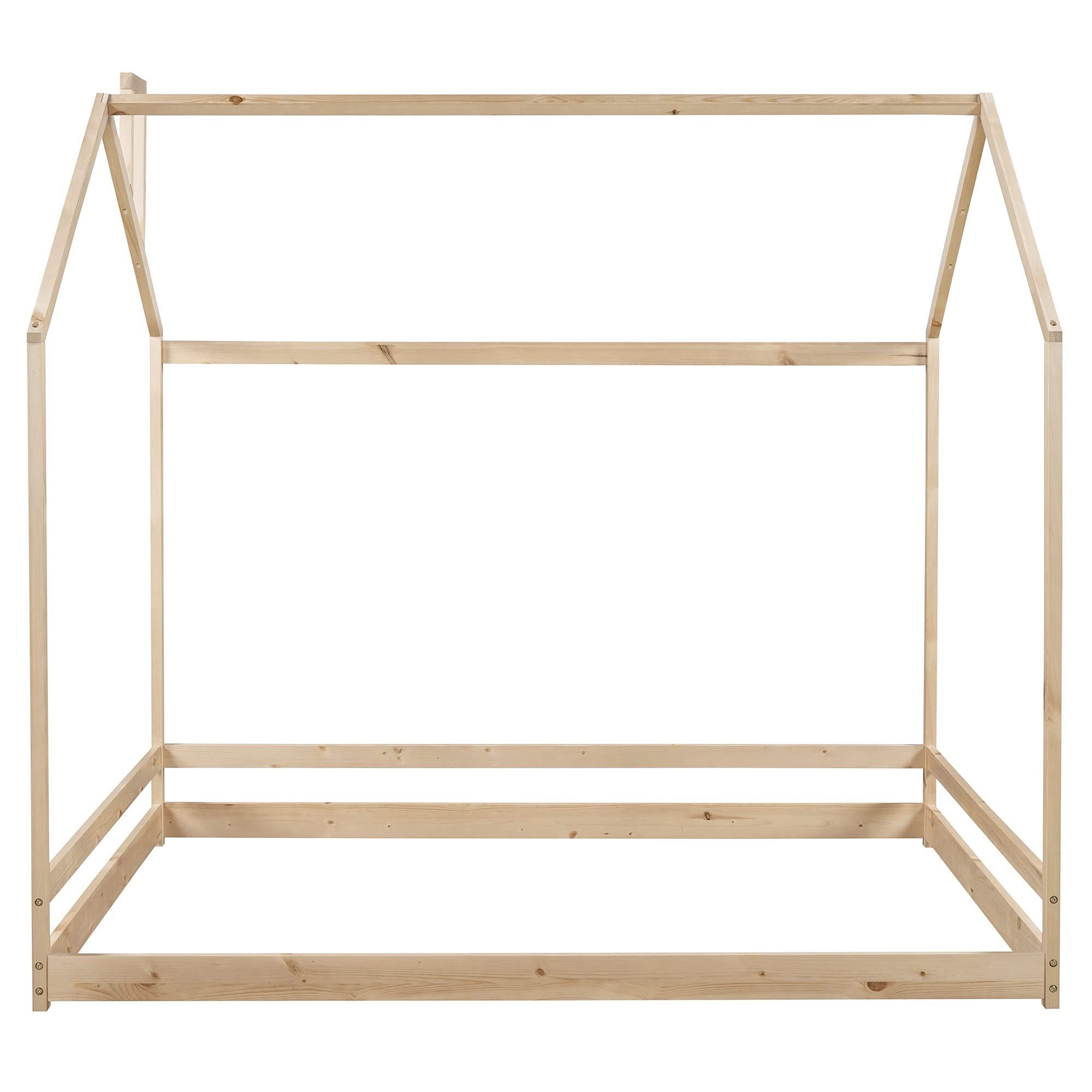 **Natural Wood Toddler Floor Bed with Roof - Full House Bed Frame for Kids, Boys, Girls & Teens - No Box Spring Needed - Perfect for Montessori Bedrooms, Playrooms & Cozy Sleep Spaces**