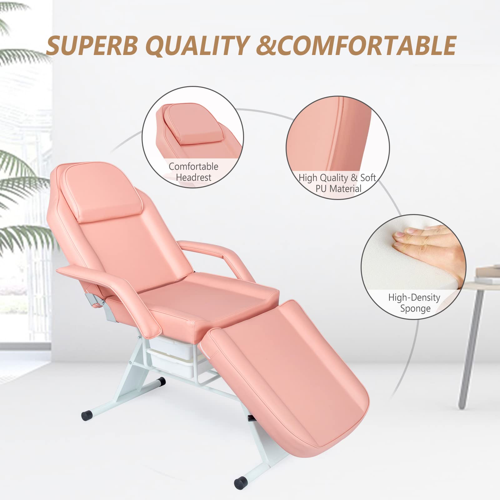 Professional Esthetician Salon Bed - Adjustable Massage Tattoo Table with 2 Beauty Baskets for Facial, Waxing, Lash & Microblading | Pink Spa Equipment for Salon, Clinic & Home Use