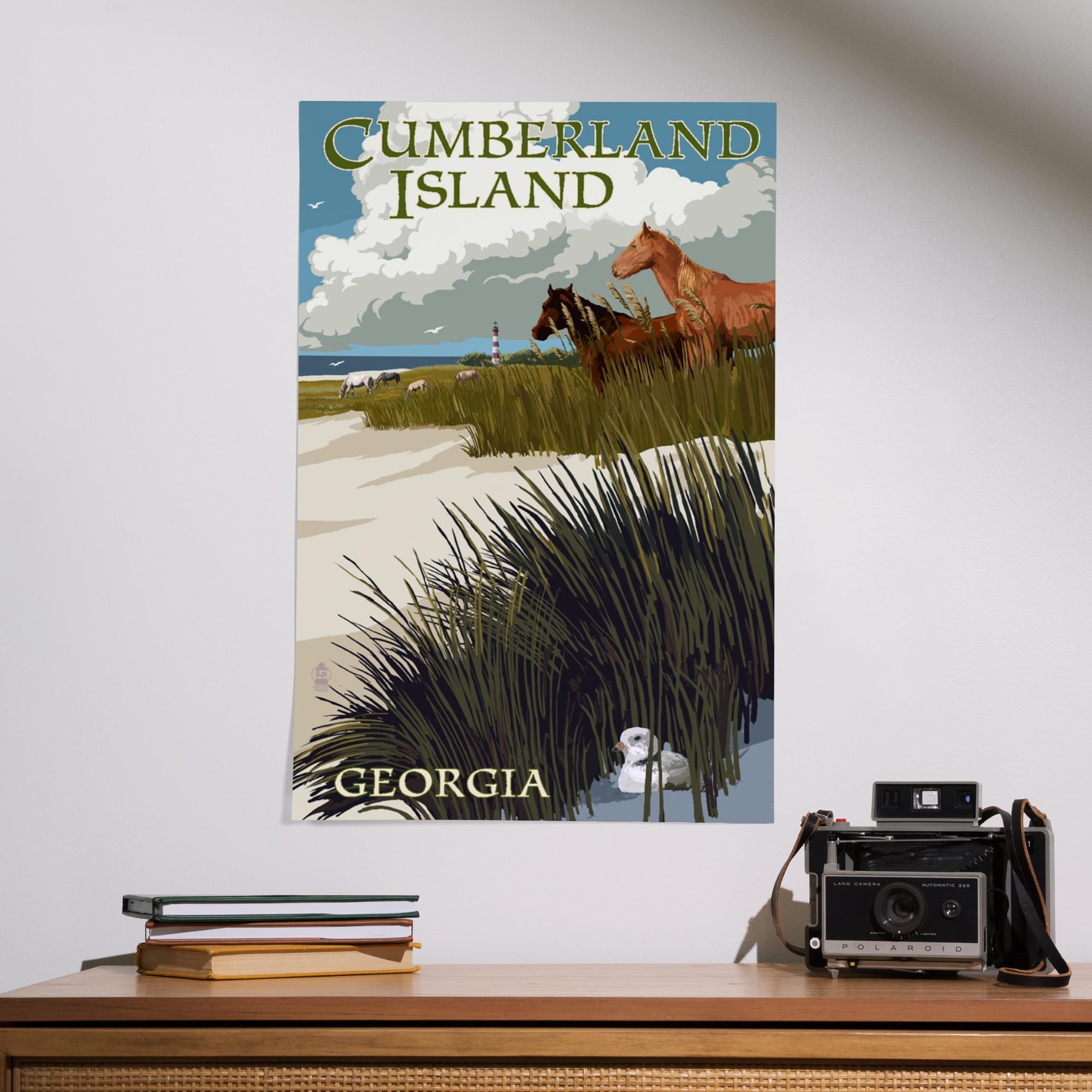 Lantern Press 16x24 Inch Giclee Art Print - Cumberland Island Georgia Landscape with Wild Horses, Sand Dunes & Lighthouse - Coastal Home Decor, Beach House Wall Art, Office Decoration