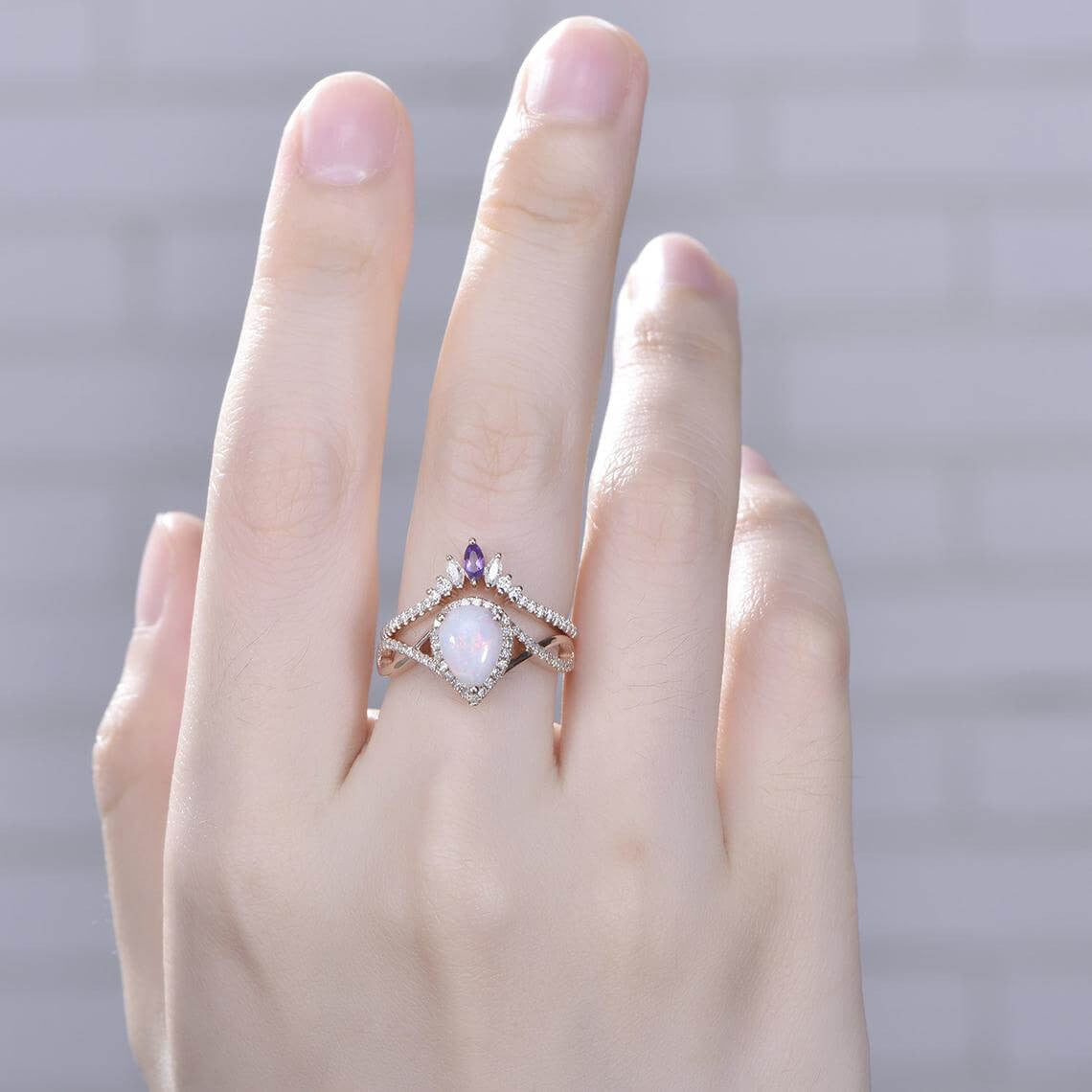 Natural Pear Opal Wedding Ring Set with Marquise Amethyst - Vintage Boho Engagement Ring for Women - Perfect for Bridal Jewelry, Anniversary Gifts & Boho Chic Fashion