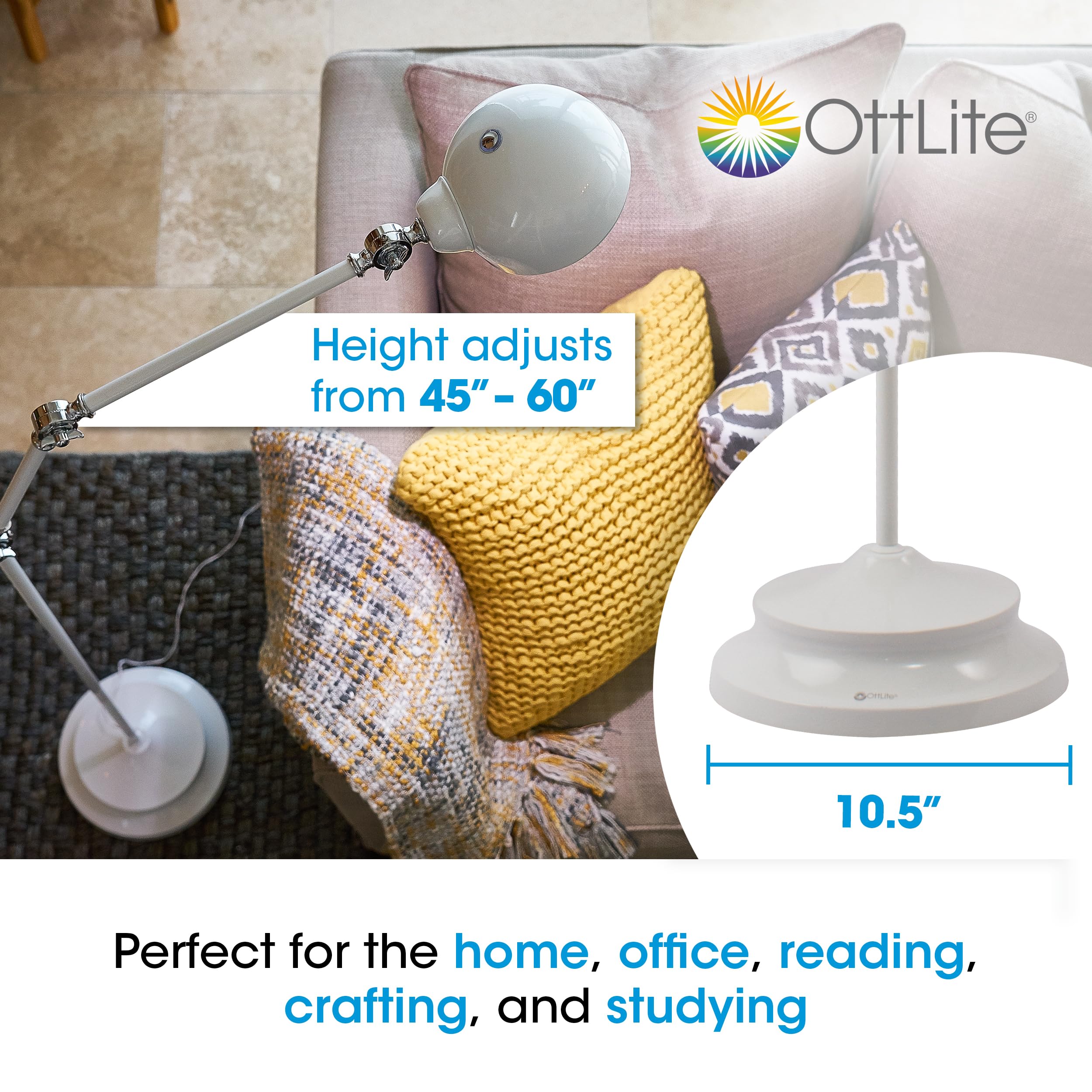 OttLite Revive LED Floor Lamp with ClearSun Technology - Adjustable Brightness, Touch Control, Eye Strain Relief - Perfect for Reading, Office Work, Study, and Home Decor