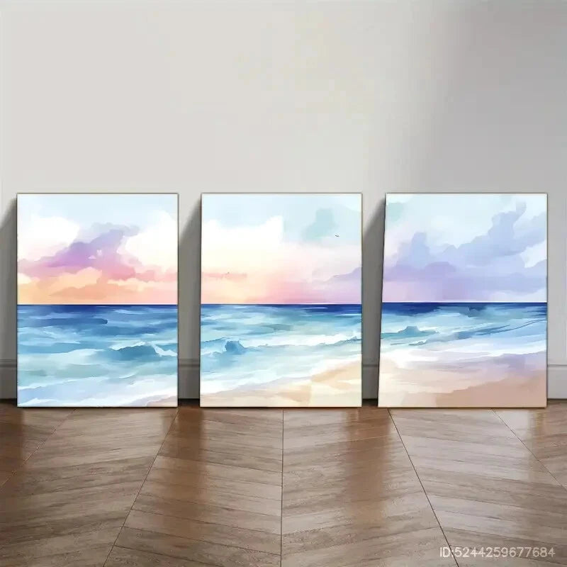 3-Piece Pastel Ocean Sunset Watercolor Metal Print Wall Art - Ready to Hang Coastal Decor for Living Room, Bedroom & Office