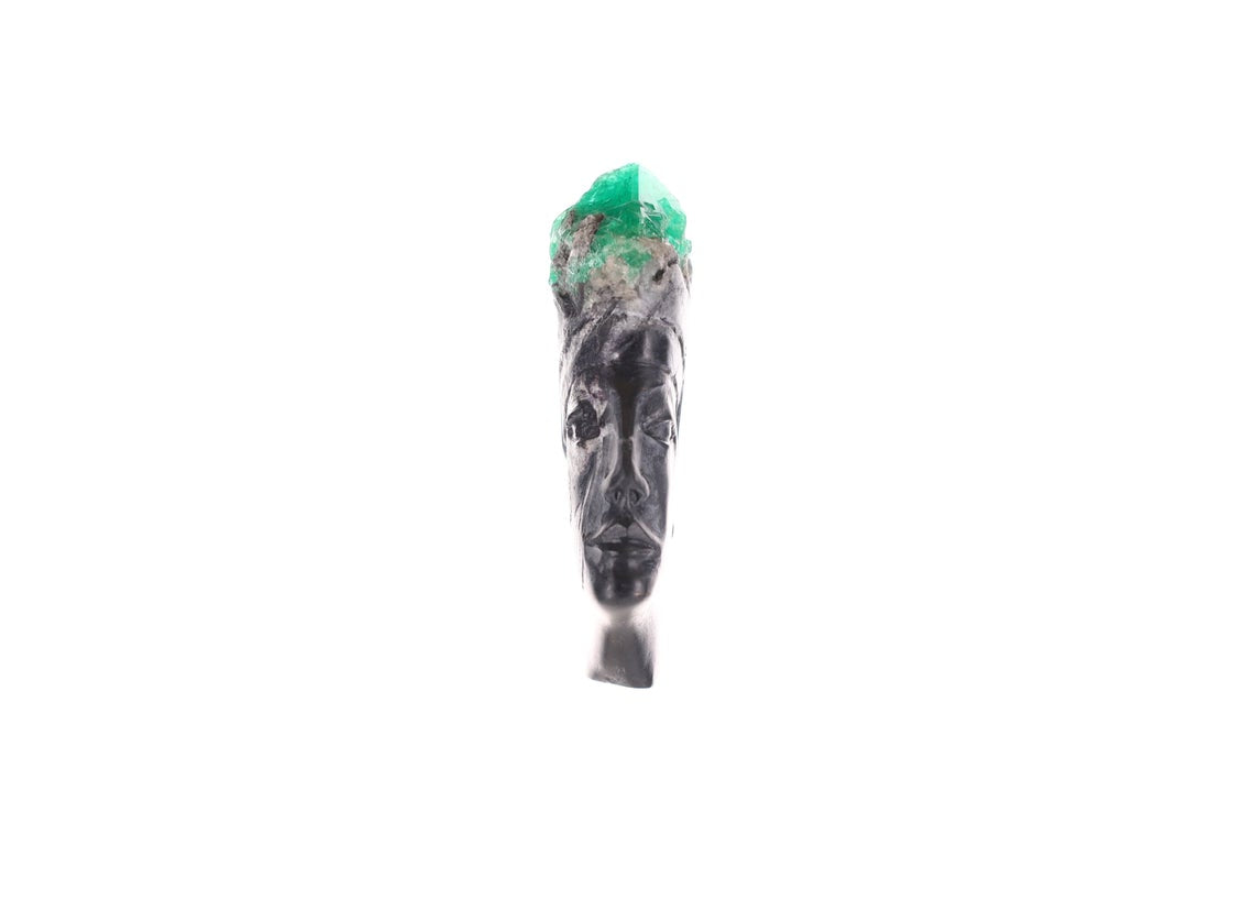 Natural Colombian Emerald Rough Crystal Sculpture - Egyptian Goddess Carving for Jewelry Making, Meditation & Home Decor