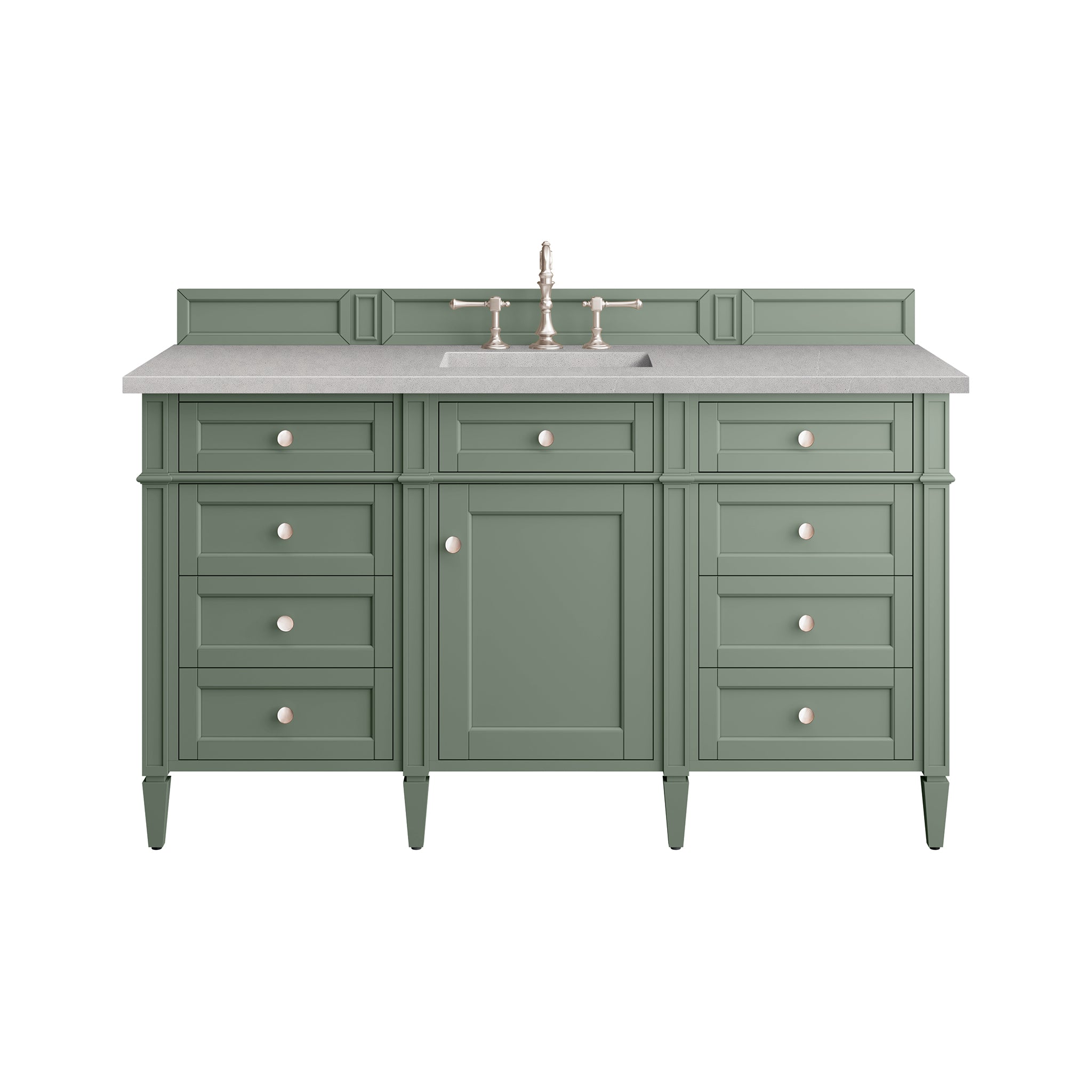 Brittany 60 Inch Single Bathroom Vanity with Smokey Celadon Finish & 3CM Eternal Serena Quartz Top - Perfect for Modern Master Bathrooms & Powder Rooms