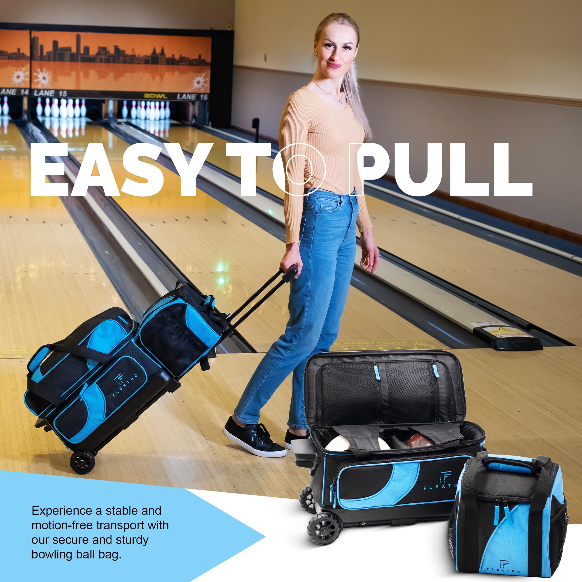 Flextro 2 Ball Bowling Bag with Wheels & Single Ball Bowling Bag Combo - Double Roller Trolley with Storage Compartments for Bowling Balls, Shoes & Accessories | Perfect for League Play & Tournament Travel