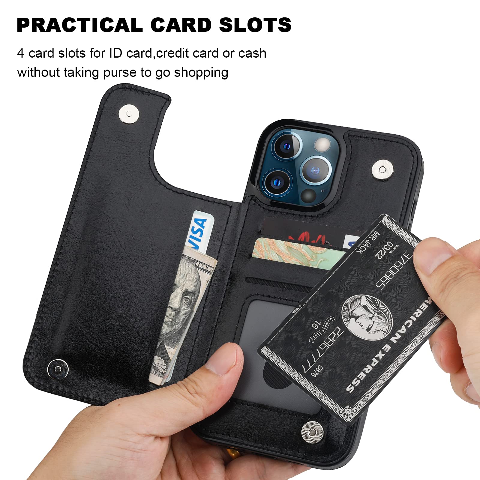 Premium PU Leather iPhone 13 Pro Max Wallet Case with Card Holder & Kickstand - 6.7 Inch Shockproof Protective Cover with Double Magnetic Clasp (Black) - Perfect for Daily Commute, Travel & Hands-Free Viewing