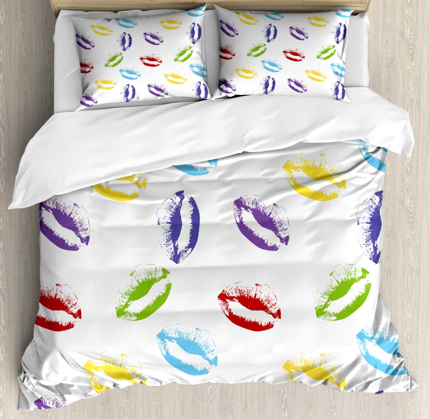 Ambesonne Colorful Duvet Cover Set - Makeup Cosmetics Themed Lipstick & Kisses Design, Feminine Art 3-Piece Queen Size Bedding with 2 Pillow Shams | Perfect for Women's Bedroom Decor, Gift for Makeup Lovers & Cosmetics Enthusiasts