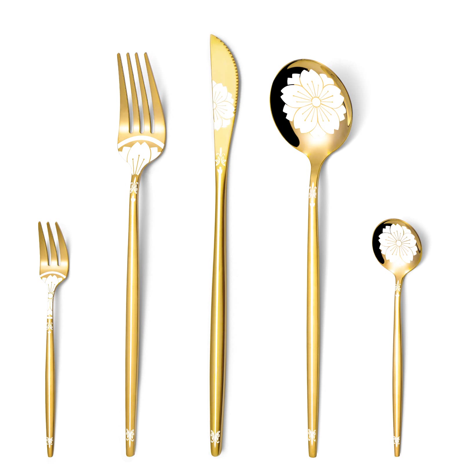 20-Piece Stainless Steel Gold Silverware Set with Elegant Pattern - Flatware Set for 4 People by LaienLife (Forks, Spoons, Teaspoon) - Mirror Polished, Dishwasher Safe - Perfect for Home Dining, Parties, and Kitchen Use