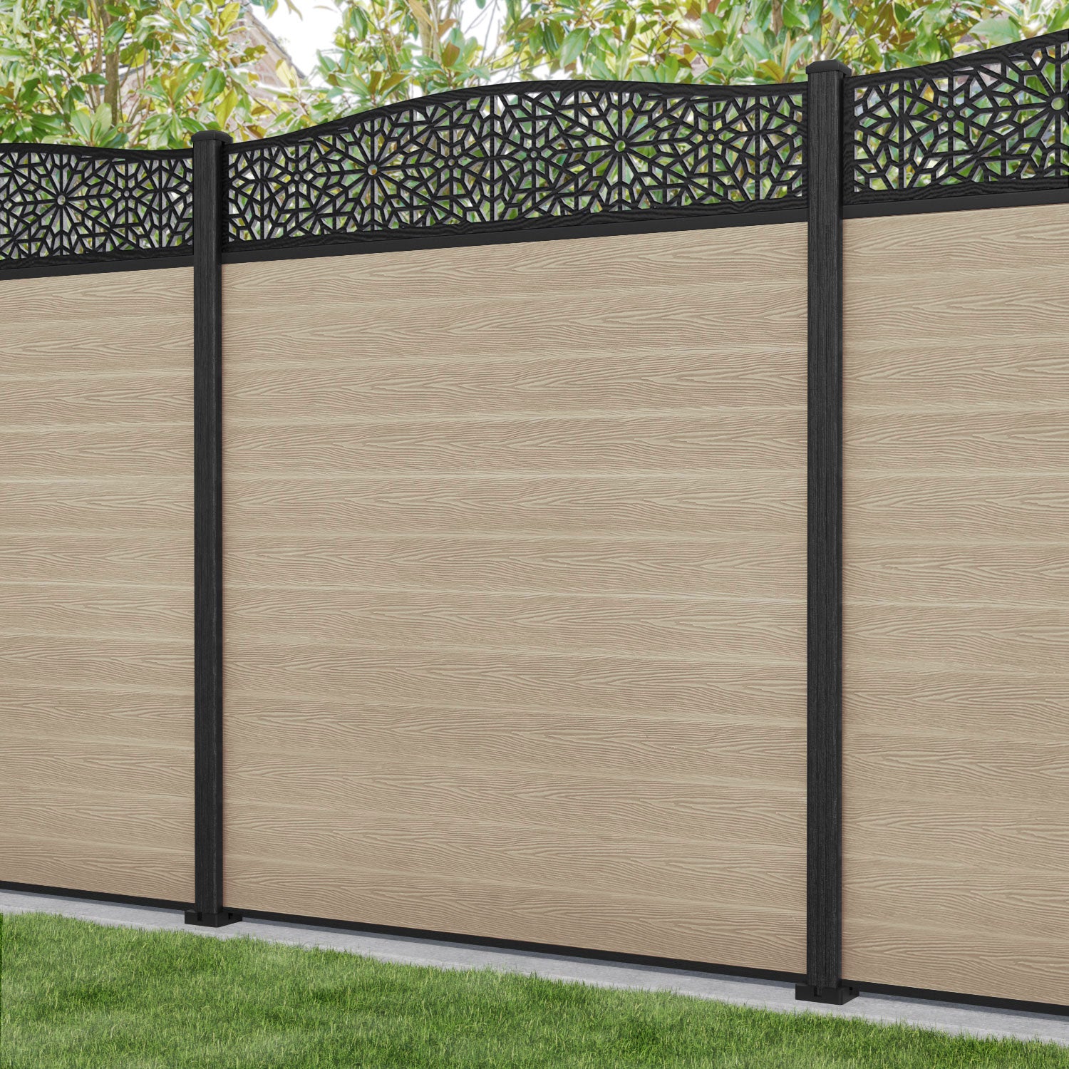 Classic Alnara Curved Top Fence Panel - Light Oak Composite Wood Privacy Fencing with Durable Composite Posts | Perfect for Backyard, Garden, and Poolside Landscaping