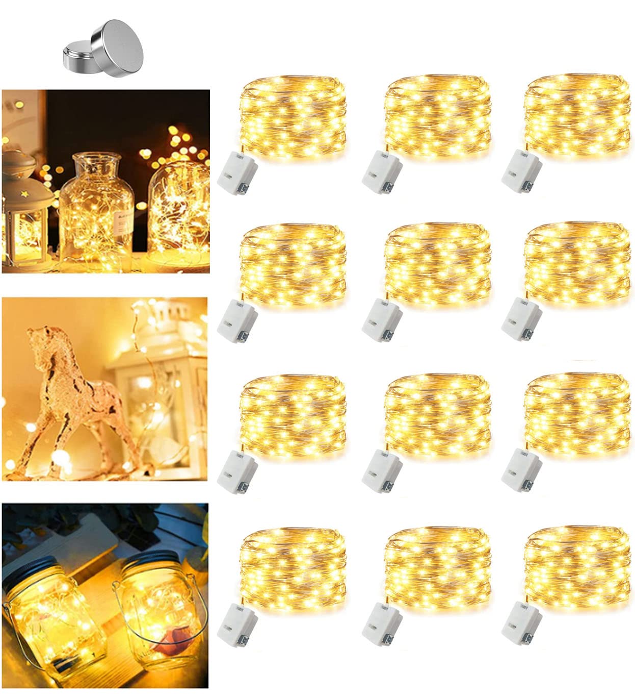 12 Pack Fairy Lights Battery Operated - 7ft 20LED Mini Twinkle Lights with 3 Speed Modes & 12 Extra Batteries - Waterproof String Lights for Mason Jars, Christmas Decor, Indoor Outdoor Party, Wedding, Garden, Bedroom, DIY Crafts