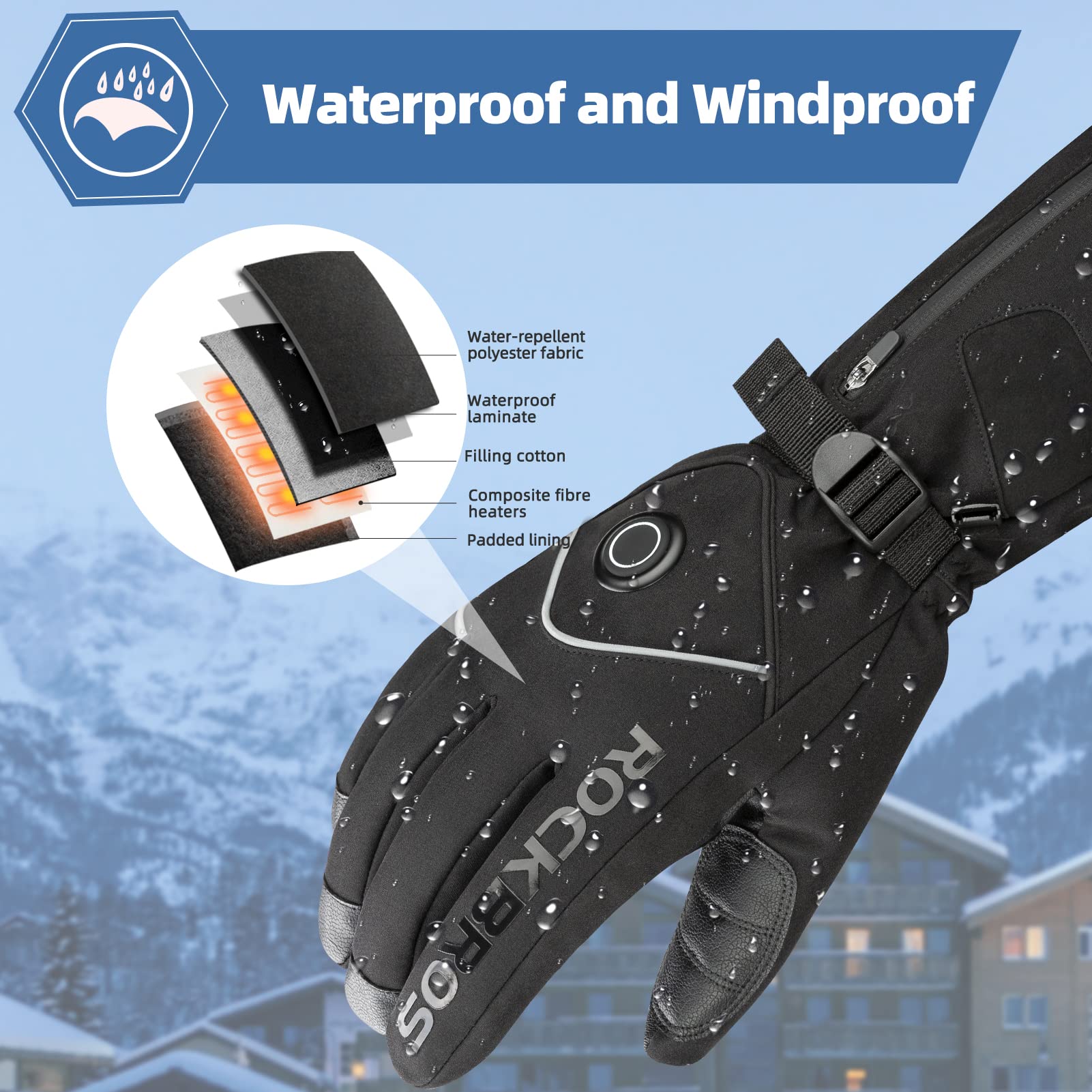 ROCKBROS Electric Heated Gloves for Men & Women - Rechargeable Battery Thermal Mittens, Waterproof & Touchscreen Compatible - Winter Warm Gloves for Cycling, Skiing, Snowboarding & Outdoor Activities in Cold Weather