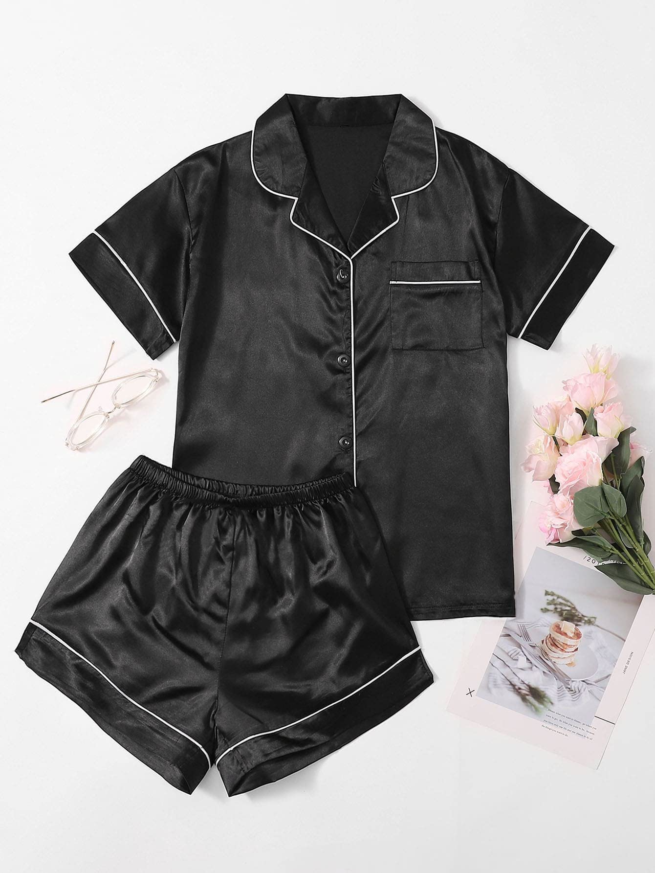 WDIRARA Women's Plus Size Satin Sleepwear Set - Short Sleeve Shirt & Shorts Pajamas for Comfortable Nightwear | Perfect for Lounge, Sleep & Relaxation at Home