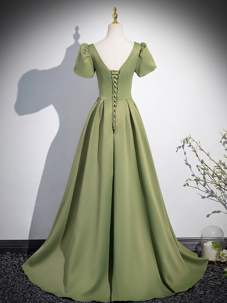 Elegant A-Line Short Sleeve Satin Prom Dress in Emerald Green - Long Formal Evening Gown for Homecoming, Ball, and Special Occasions