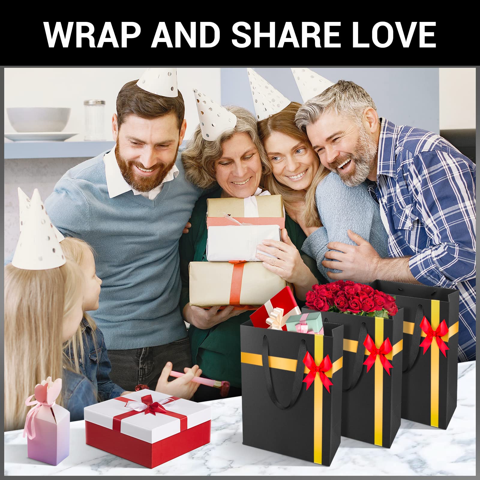 EUSOAR 12 Pack Black Kraft Paper Gift Bags with Handles - 5.9x2.3x7.8 Inches Small Heavy Duty Gift Wrap Bags for Wedding, Baby Shower, Birthday Party, Grocery, Boutique & Business - Perfect for Party Favors, Retail Packaging & Gift Giving