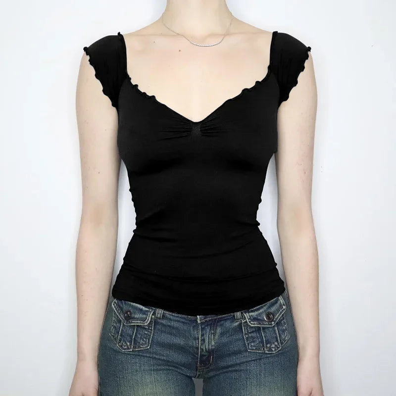 Women's Y2K Casual Fitted V-Neck Backless Short Sleeve T-Shirt - Black Summer Top 2024 | Trendy 2000s Inspired Outfit for Streetwear, Parties & Casual Wear