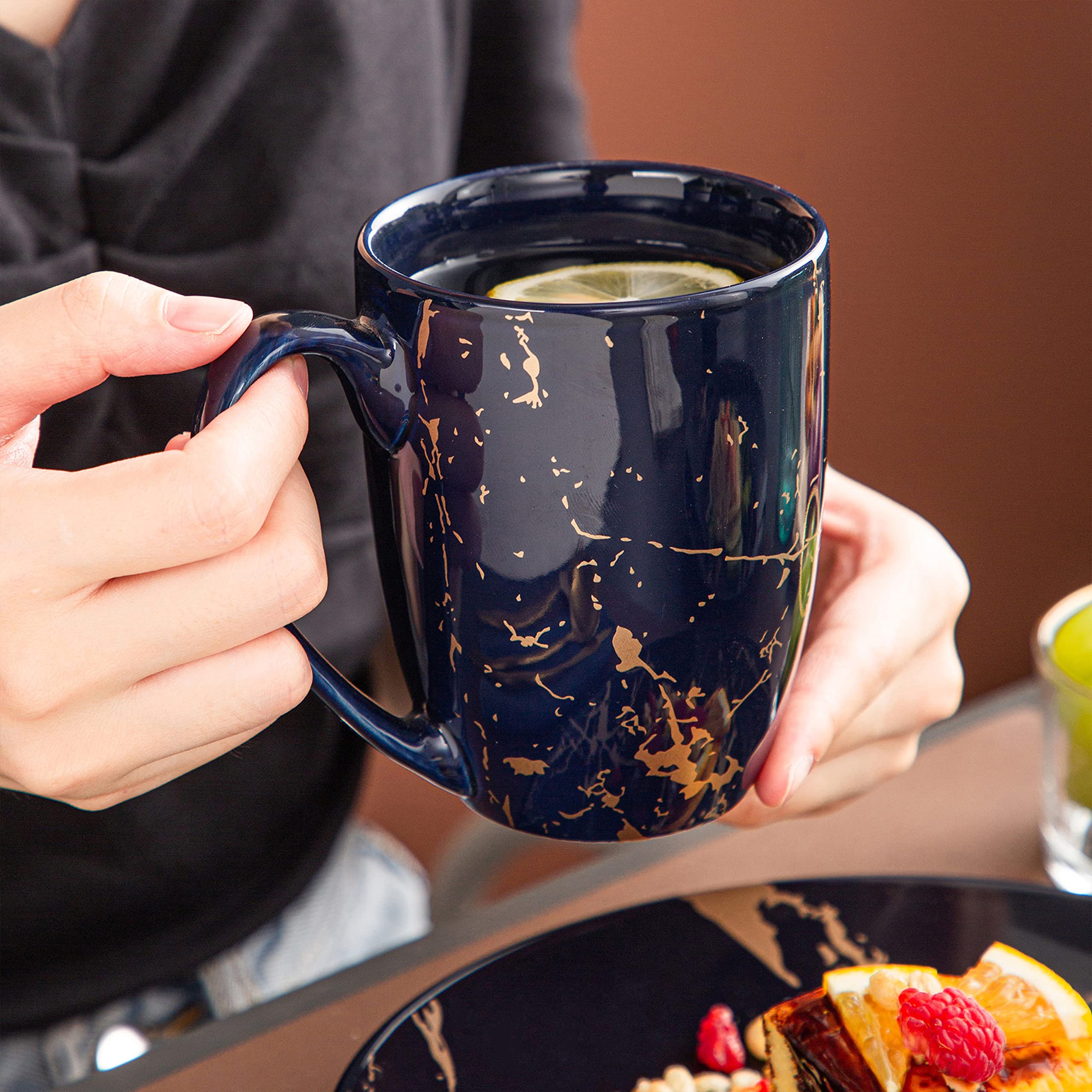 LOVECASA 16-Piece Porcelain Dinnerware Set for 4 - Elegant Dark Blue Color Glaze with Gold Trim, Includes Dinner Plates, Dessert Plates, Bowls & Mugs - Perfect for Family Dinners, Holiday Entertaining & Restaurant-Style Dining