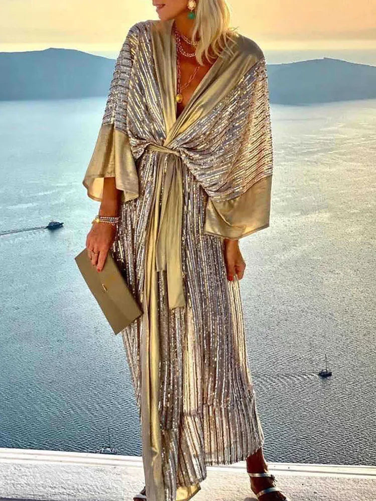 2022 Women's Beach Holiday Dress - Batwing Sleeve V-Neck Sequin Lace-Up Maxi Dress with Patchwork Design for Summer Parties, Vacations & Special Occasions