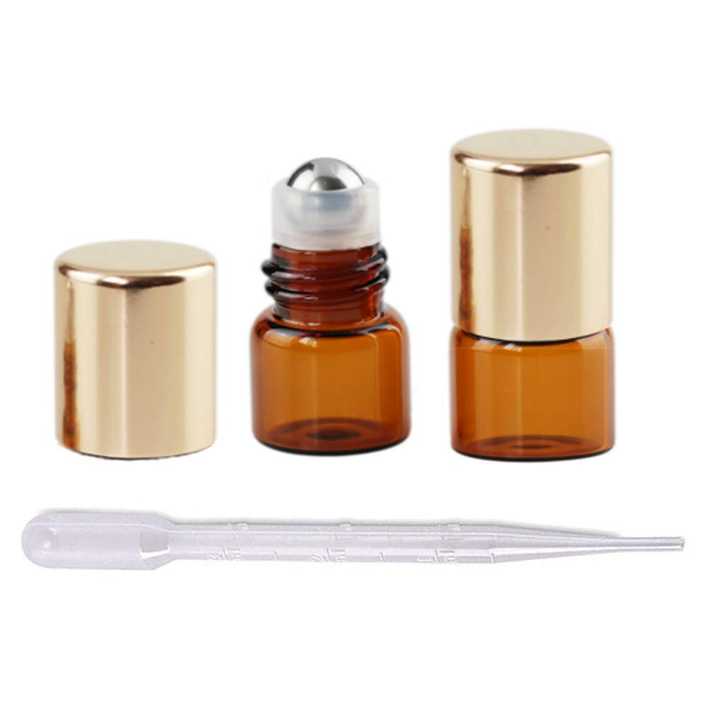 50Pcs 1ml (1/4 Dram) Refillable Empty Glass Roll On Bottles for Essential Oils, Perfumes & DIY Cosmetics - Mini Travel Size with Gold Lids & Stainless Steel Roller Balls - Perfect for Aromatherapy, Skincare & On-the-Go Use