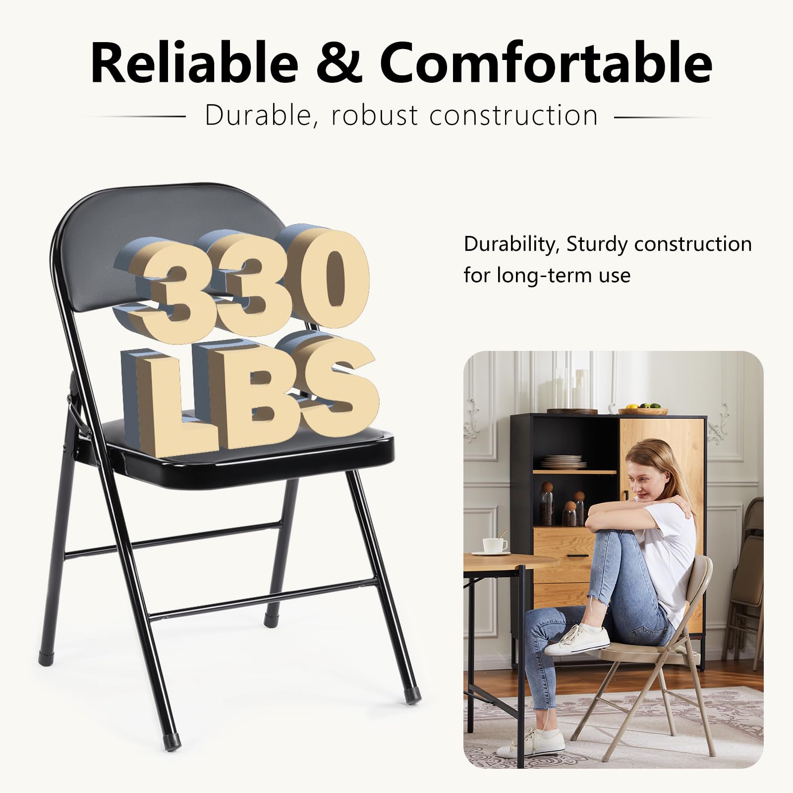 DUMOS 4 Pack Black Leather Padded Folding Chairs - Heavy Duty Steel Frame, Stackable & Portable for Indoor Outdoor Use - Perfect for Home, Office, Parties, Weddings & Events - Comfortable Commercial Seating Solution