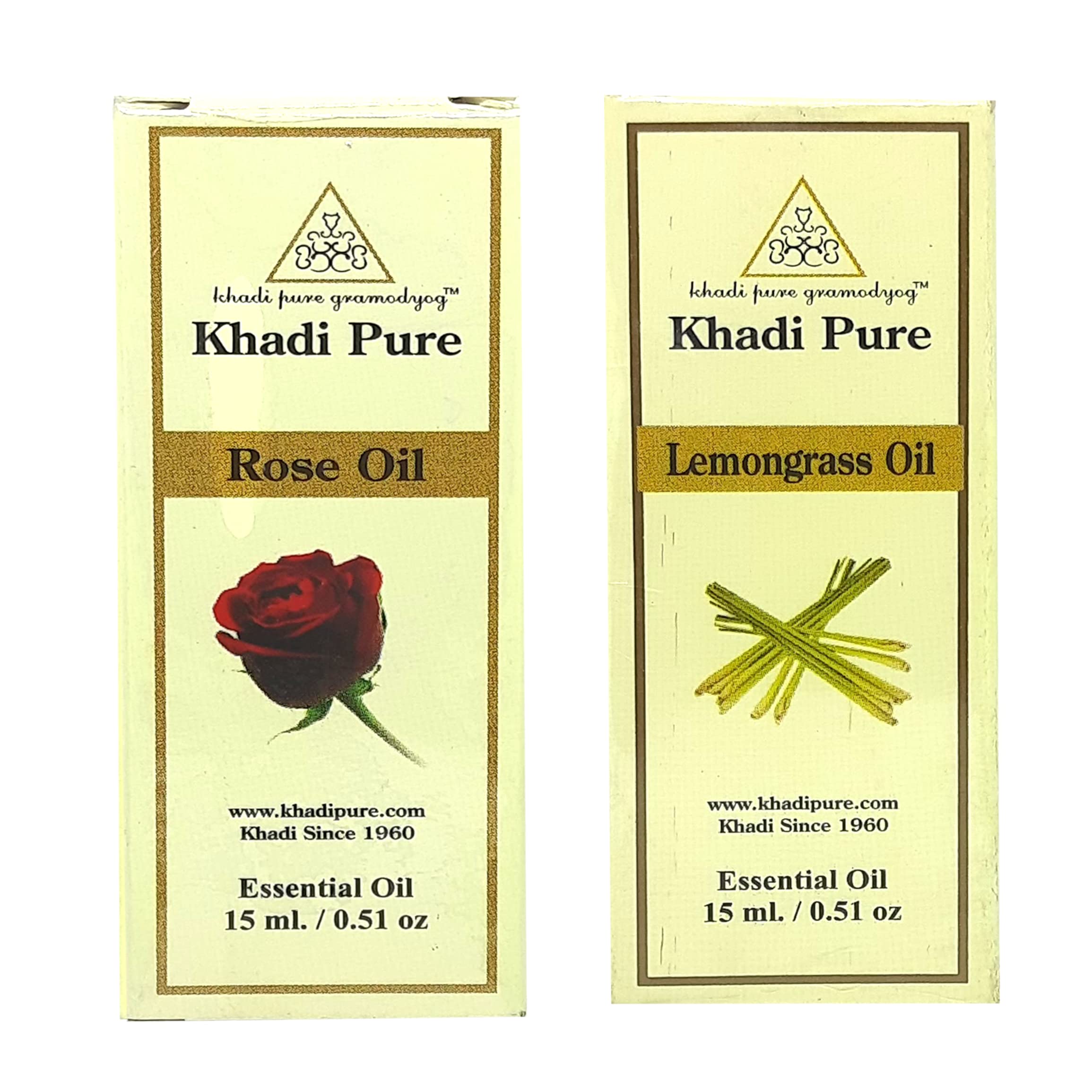 Khadi Pure Rose & Lemongrass Essential Oil - 15ml (Pack of 2) for Aromatherapy, Massage & Skin Care | 100% Natural Therapeutic Grade Oil for Relaxation & Stress Relief