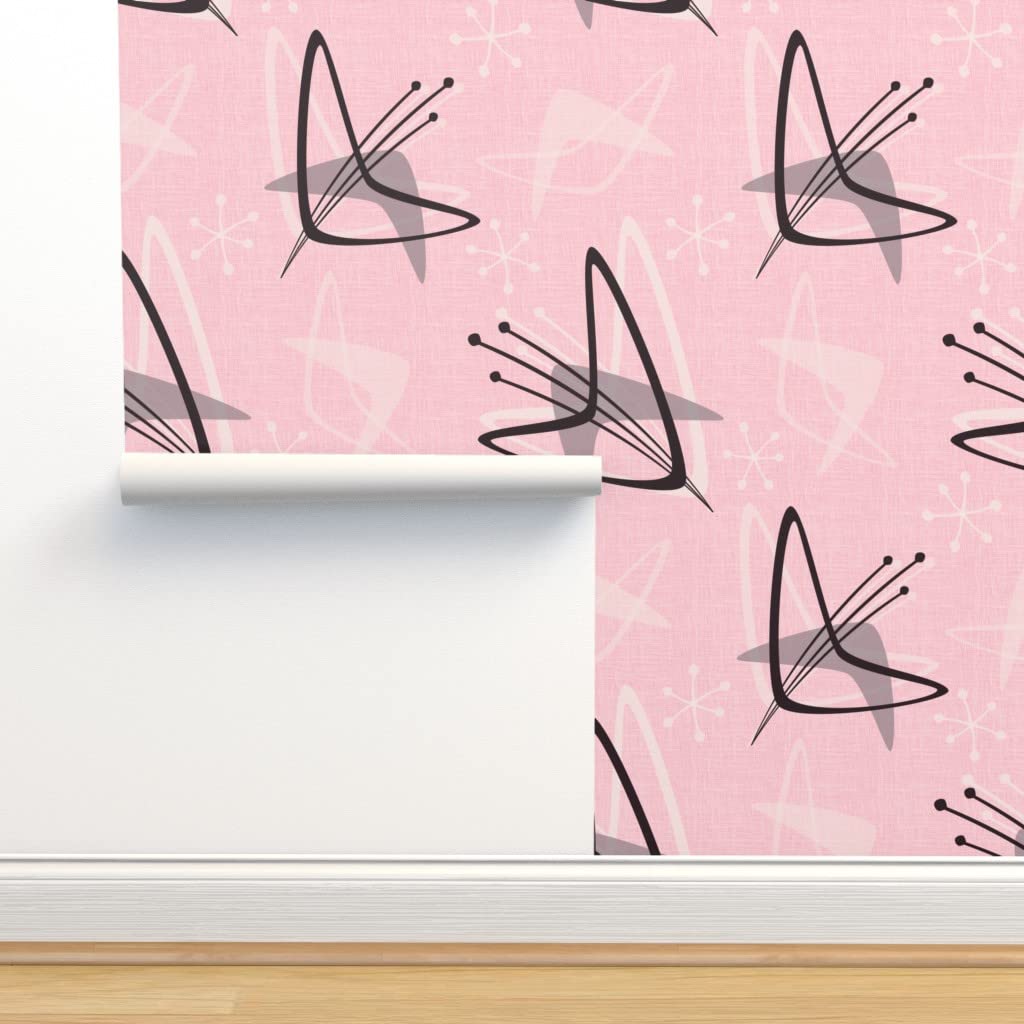 Commercial Grade Wallpaper 27ft x 2ft - Midcentury Retro Atomic Age Boomerang Design in Pink, Black & Gray | Peel & Stick Wallpaper for Living Room, Bedroom & Office Decor | Spoonflower