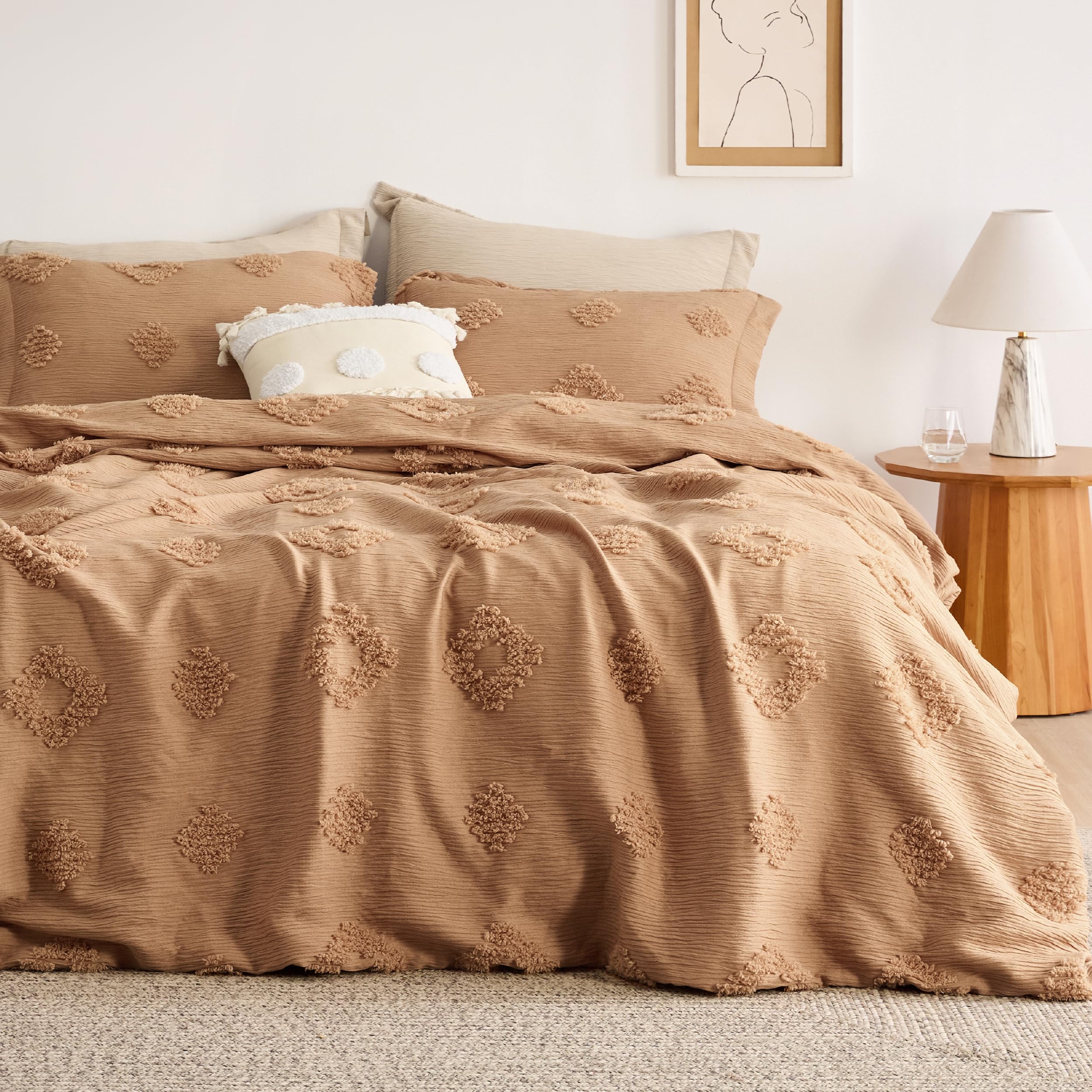 Bedsure King Size Faux Muslin Duvet Cover Set - Soft, Breathable Boho Textured Comforter Cover with Gauze-Like Feel, 3-Piece Bedding Set in Camel Color | Perfect for Bohemian Bedrooms, Guest Rooms & Cozy Home Decor