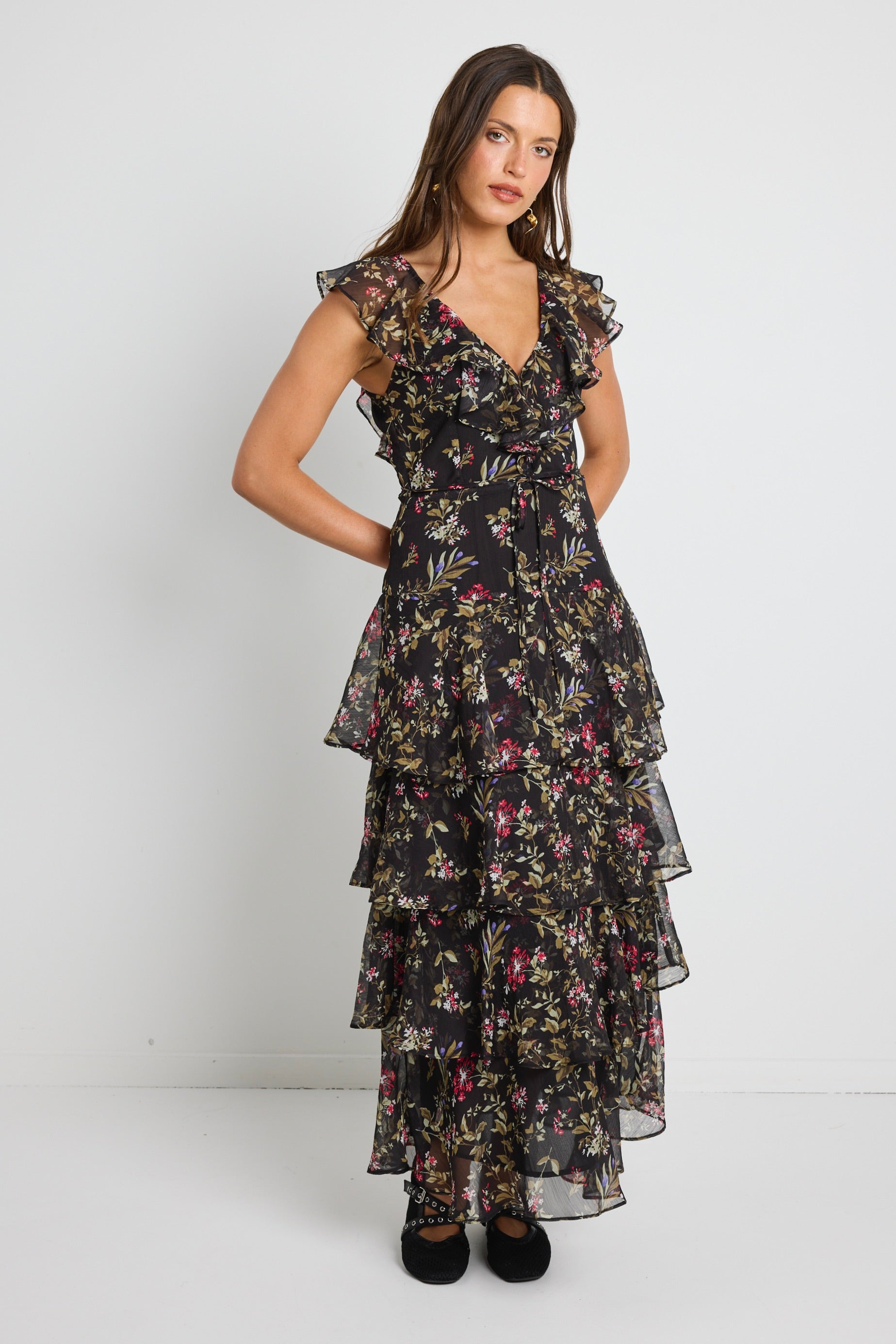 Everly Black Posy Floral Flutter Sleeve Tiered Maxi Dress for Women - Summer Boho Beach Wedding Guest Dress with Pockets