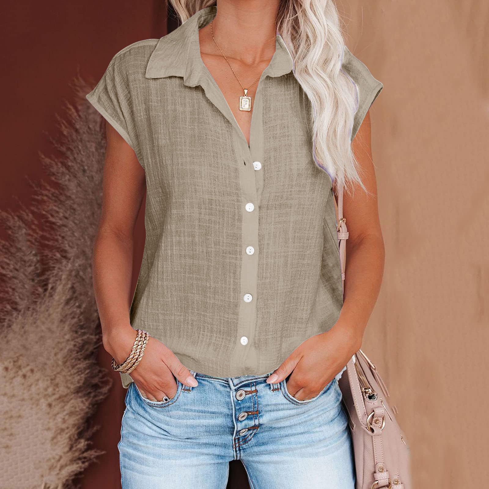 Trendy Women's Cotton Linen Short Sleeve Blouses - Loose Fit Casual Tops for Summer 2024 | Perfect for Office Wear, Weekend Outings & Beach Vacations