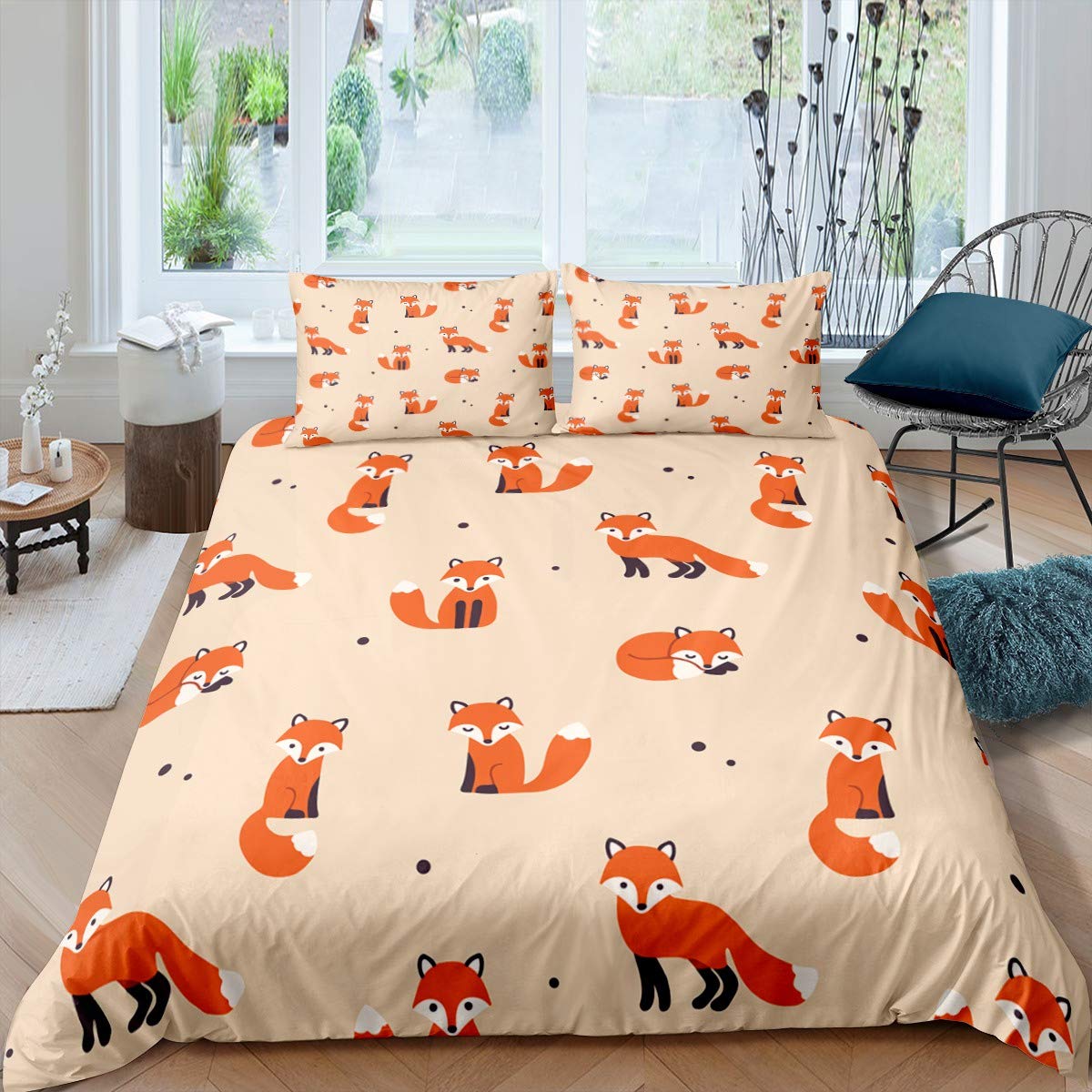 Adorable Fox Duvet Cover Set - Peach Cartoon Animal Print Bedding - Twin Size 68x90 Inches (1 Duvet Cover + 1 Pillowcase) - Perfect for Kids' Rooms, Nursery Decor & Cozy Bedroom Makeover