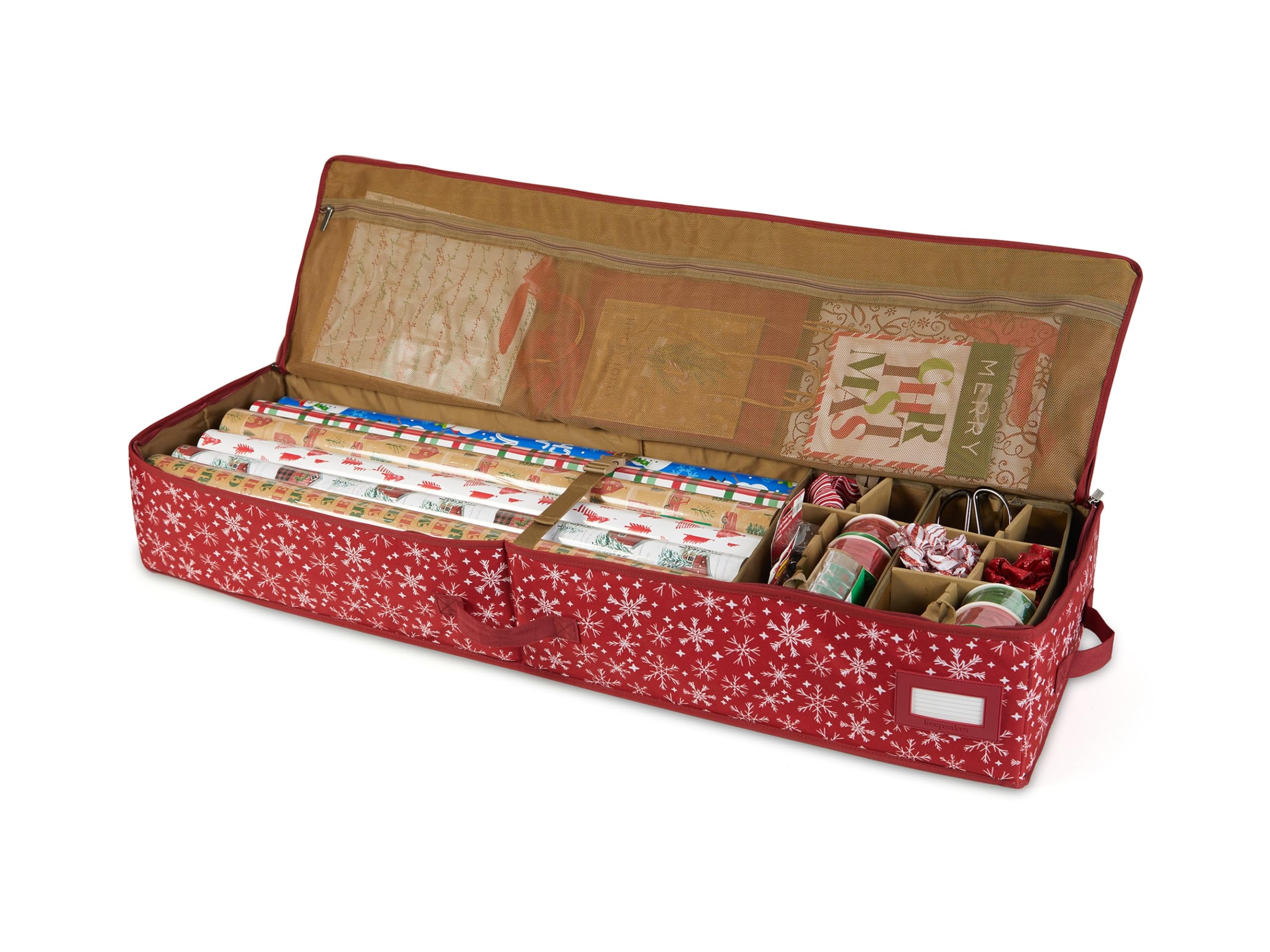 Covermates Keepsakes Gift Wrap Organizer - Heavy Duty Storage for 25 Rolls of Wrapping Paper - Adjustable Compartments & Mesh Pockets - Holiday Gift Wrapping Accessories - Red Snowflake Design - Perfect for Christmas, Birthday & Party Gift Preparation