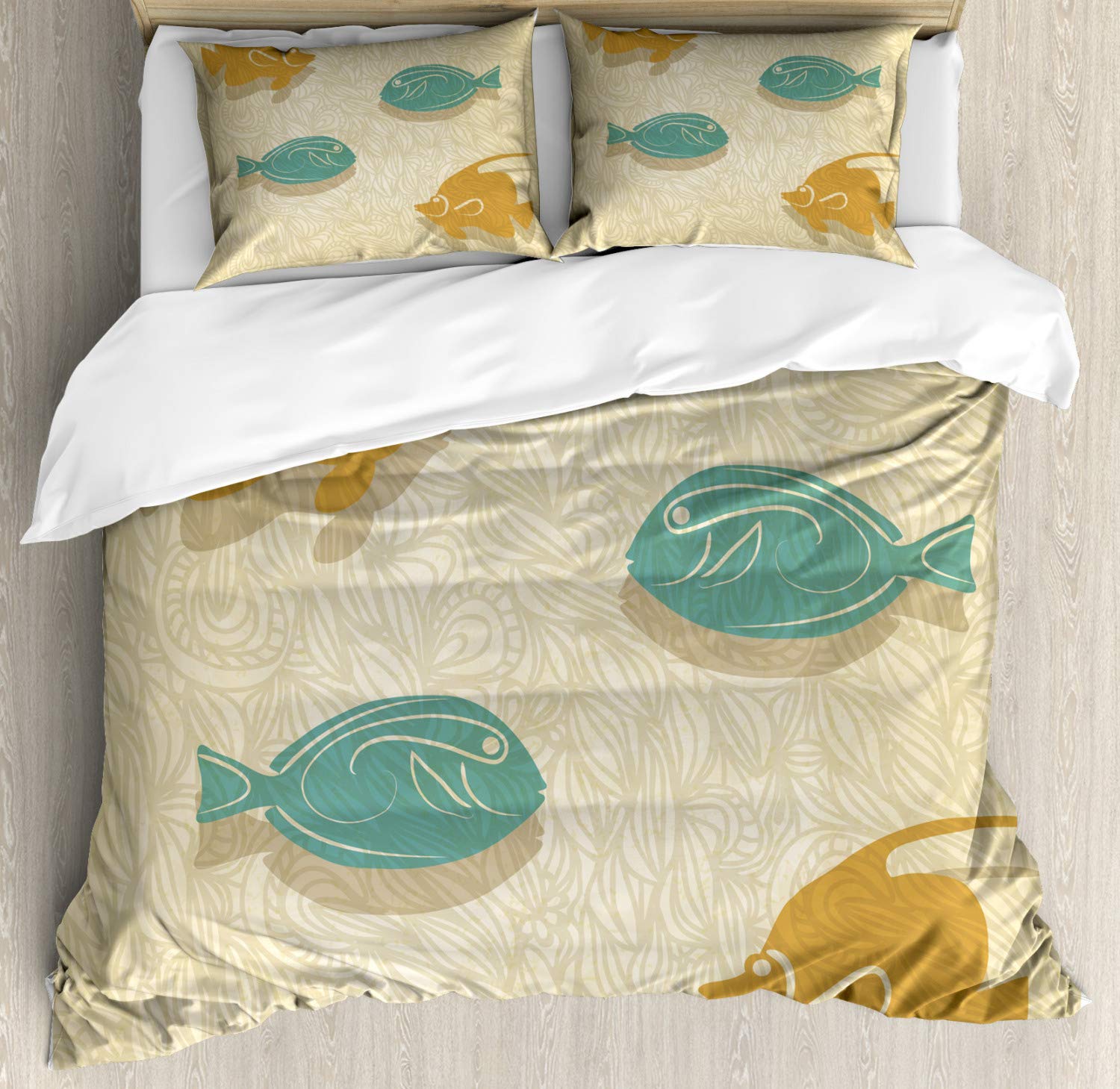 Ambesonne Vintage Fish and Wave Duvet Cover Set - Queen Size 3 Piece Bedding with 2 Pillow Shams, Aquarium Marine Ocean Fishing Theme in Sand Brown Seafoam | Perfect for Beach House Decor, Coastal Bedroom Design & Nautical Theme Home Styling