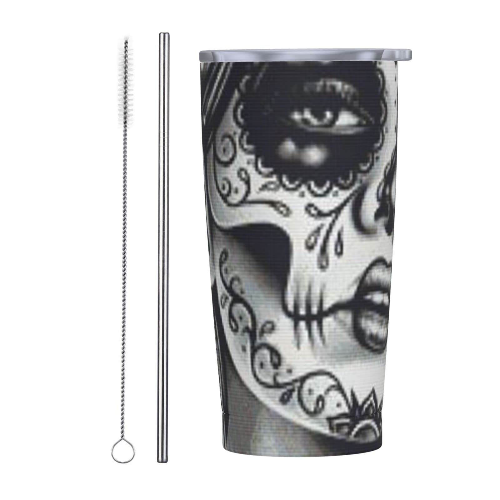 SWEET TANG 20oz Spill Proof Coffee Tumbler - Vacuum Insulated Stainless Steel Travel Mug with Straw, Sugar Skull Lady Design Reusable Cup for Hot/Cold Drinks - Perfect Gift for Men & Women - Ideal for Office, Commuting, and Outdoor Activities