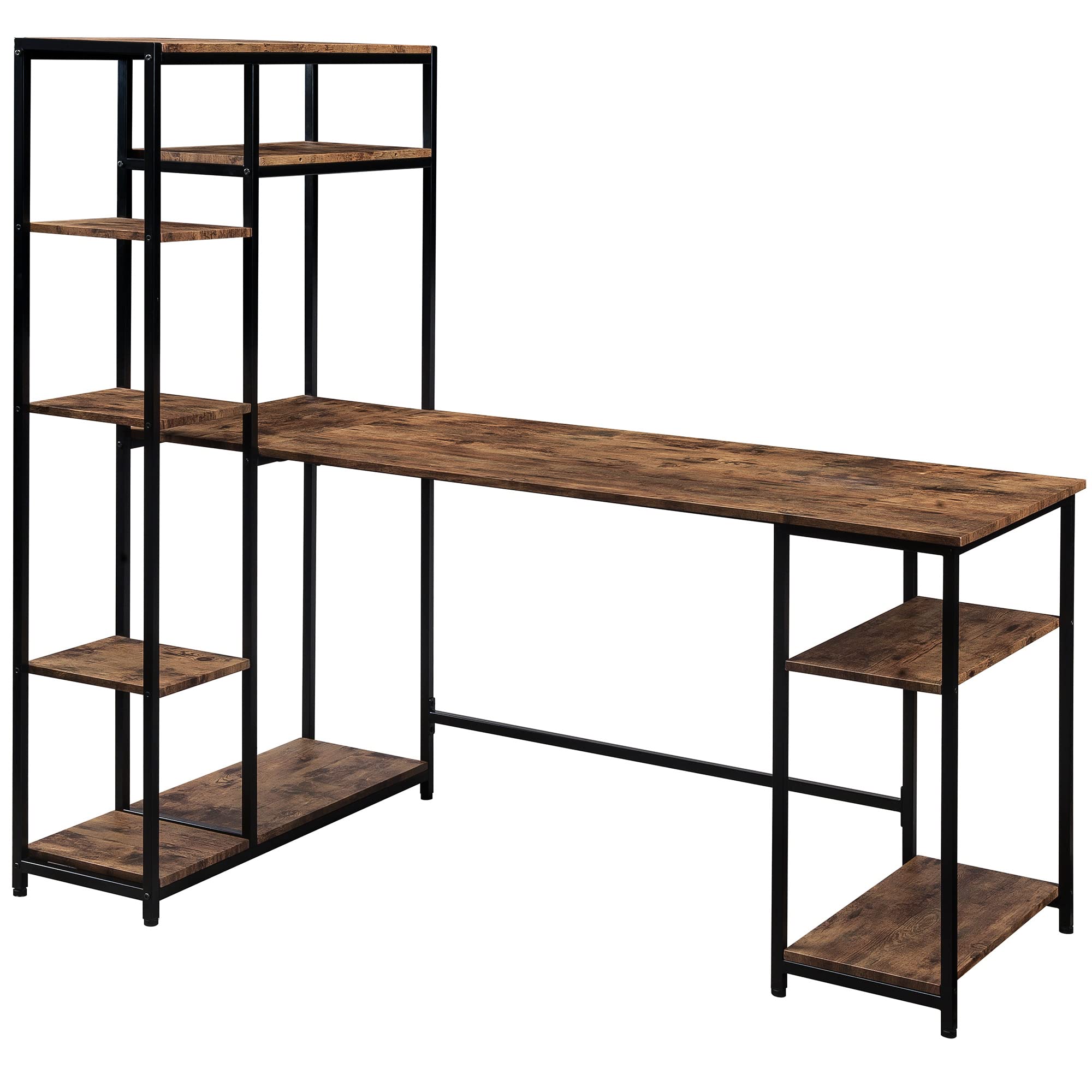 Rustic Brown Wood Grain Finish Home Office Writing Desk with Black Metal Frame & CPU Storage - Perfect for Small Spaces, Study Rooms & Home Offices